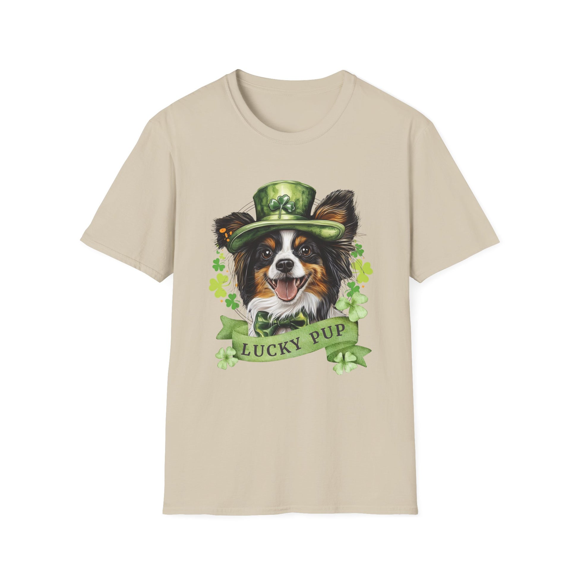 St. Patrick’s Day sand color t-shirt featuring a Papillon dog with a shamrock garland and festive Irish design 