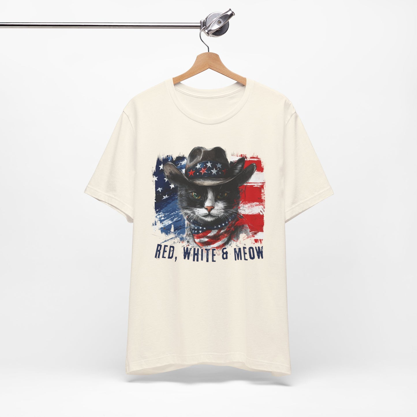 Black and White Cat  Patriotic T-Shirt "Red, White & Meow" - Cat-Themed Patriotic Design