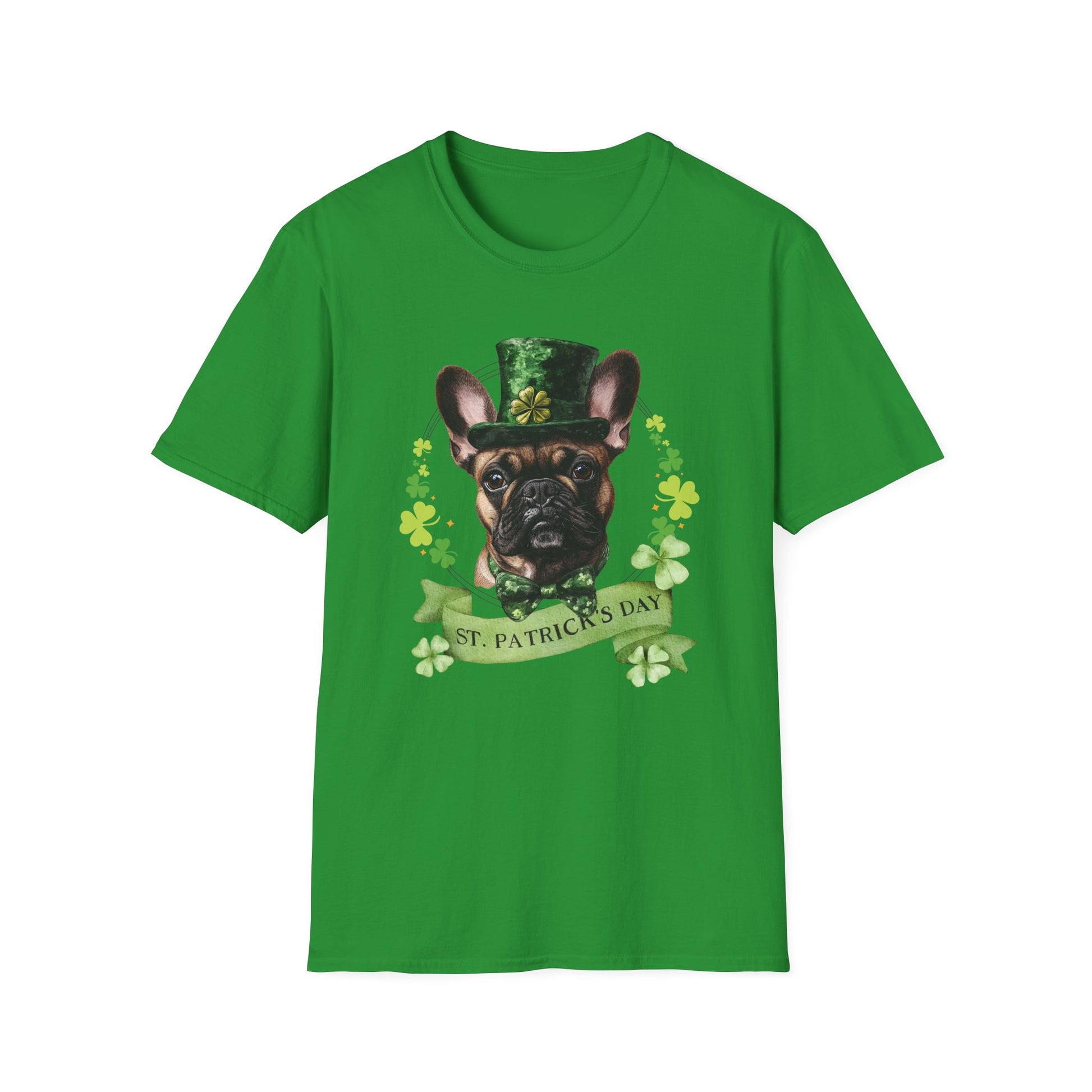 St. Patrick’s Day irish green t-shirt featuring a fawn french bulldog with a shamrock garland and festive Irish design