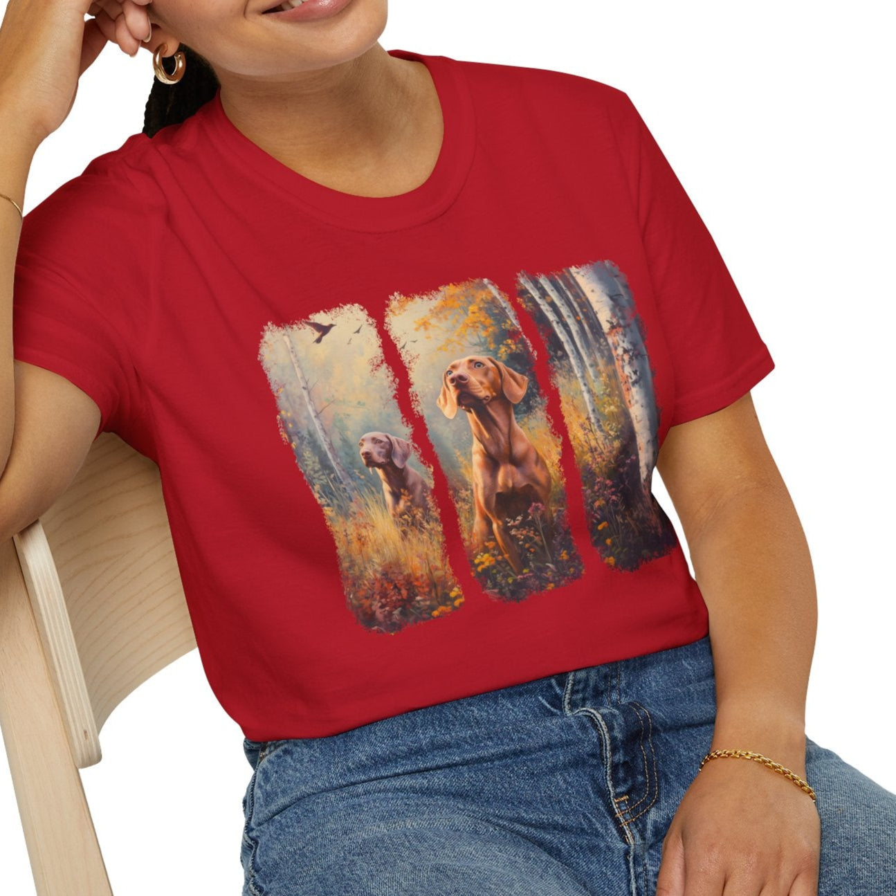 unique dog lover gift, t-shirt with artistic print of two hunting vizsla dogs, red