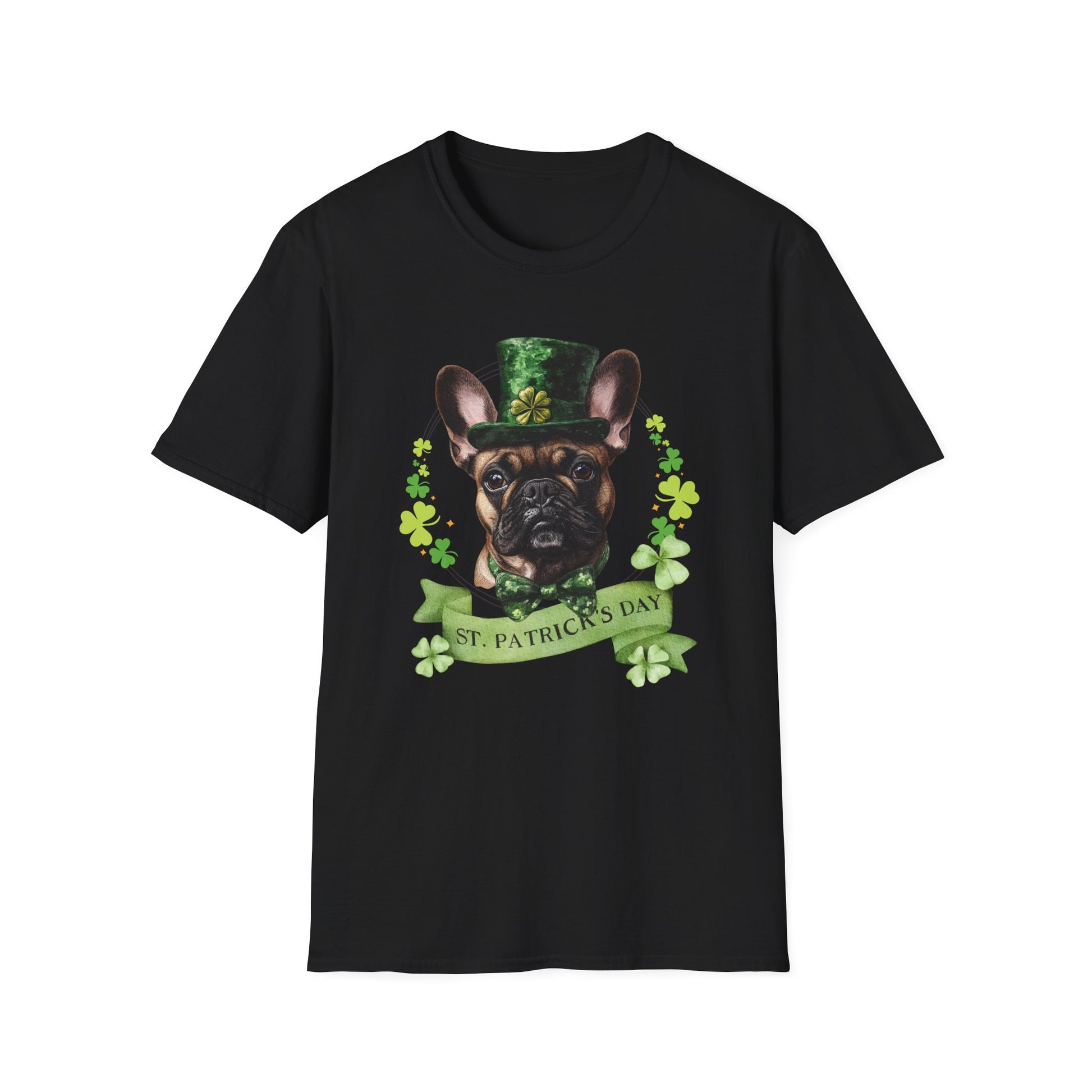 St. Patrick’s Day black t-shirt featuring a fawn french bulldog with a shamrock garland and festive Irish design