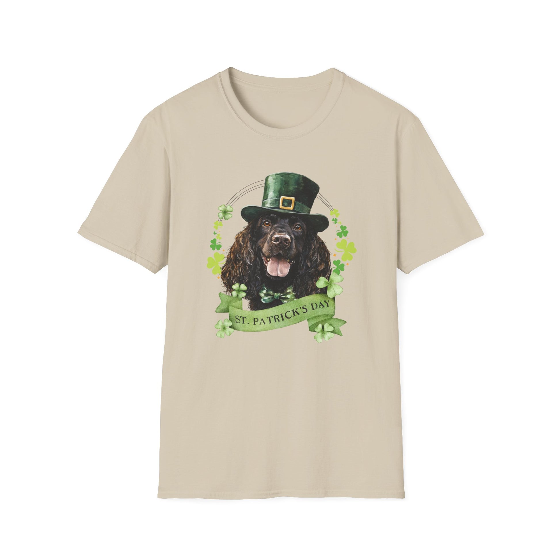 St. Patrick’s Day t-shirt featuring an Irish Water Spaniel with a shamrock garland and festive Irish design