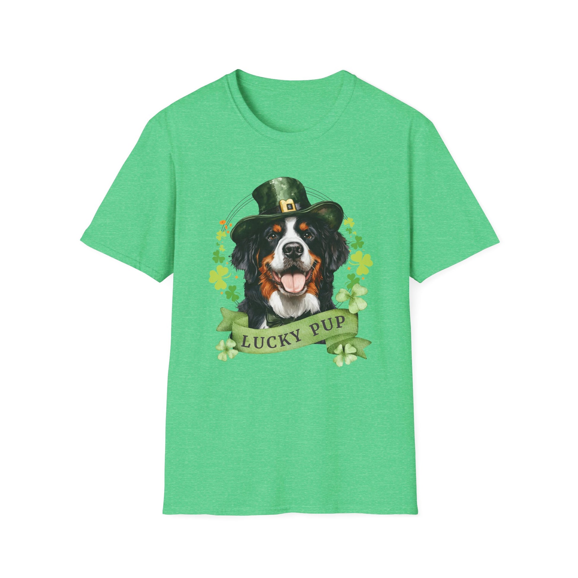 St. Patrick’s Day t-shirt featuring a bernese mountain dog with a shamrock garland and festive Irish design