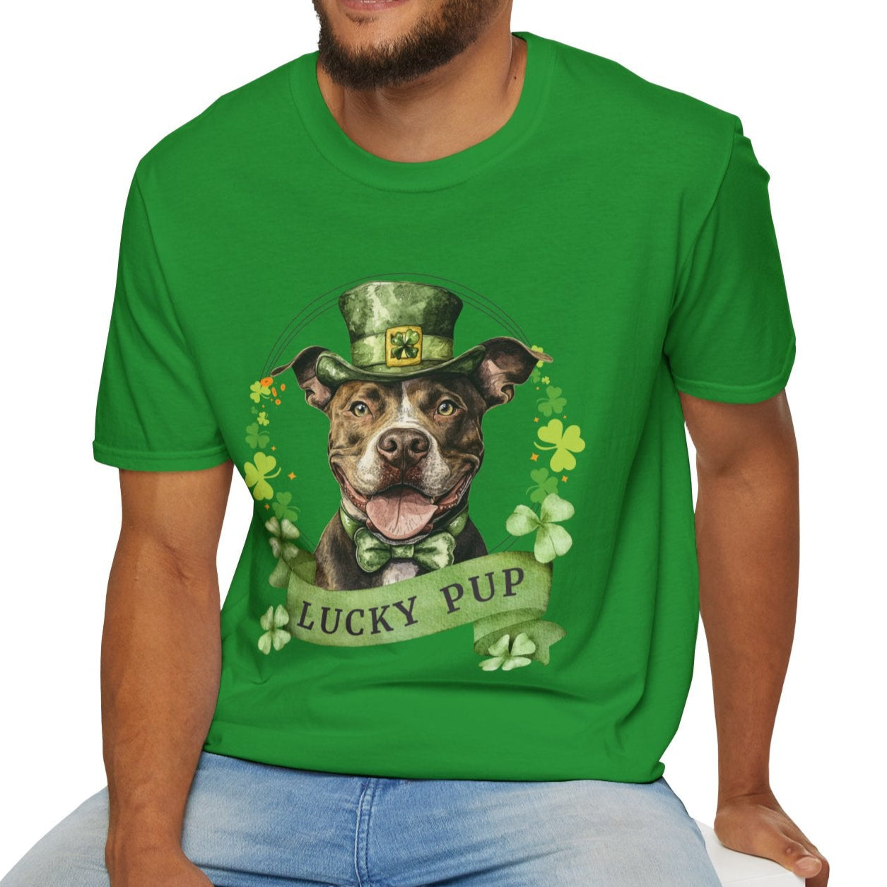 Person wearing a St. Patrick’s Day Pit Bull dog t-shirt with a lucky shamrock print, great for dog lovers, irish green