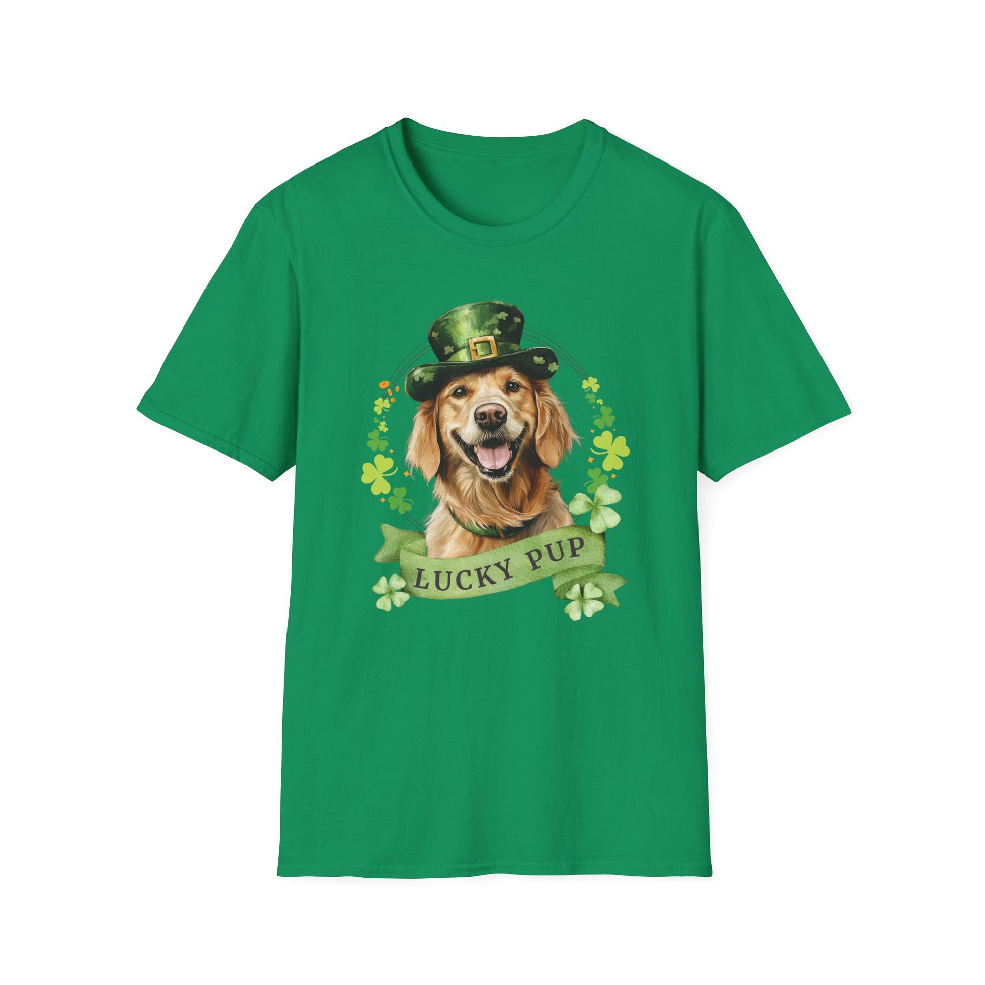 St. Patrick’s Day kelly green t-shirt featuring a golden retriever dog with a shamrock garland and festive Irish designan 