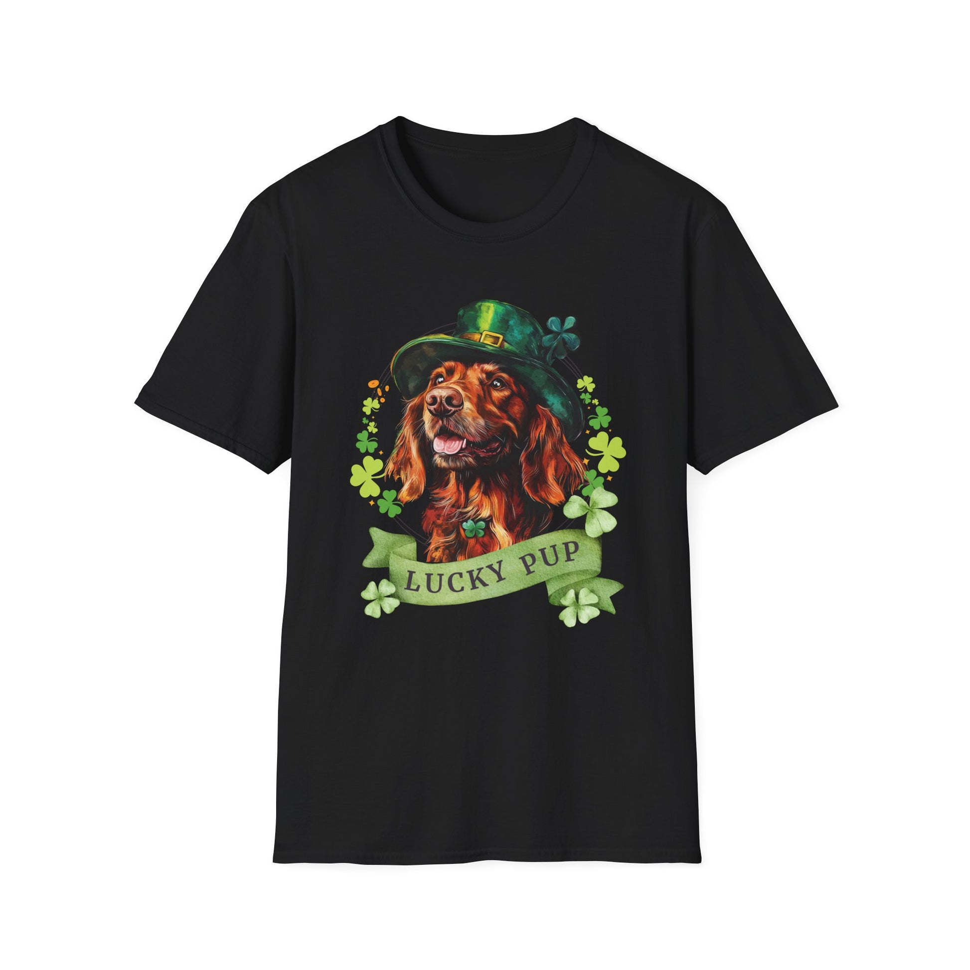 St. Patrick’s Day t-shirt featuring an Irish Setter dog with a shamrock garland and festive Irish design