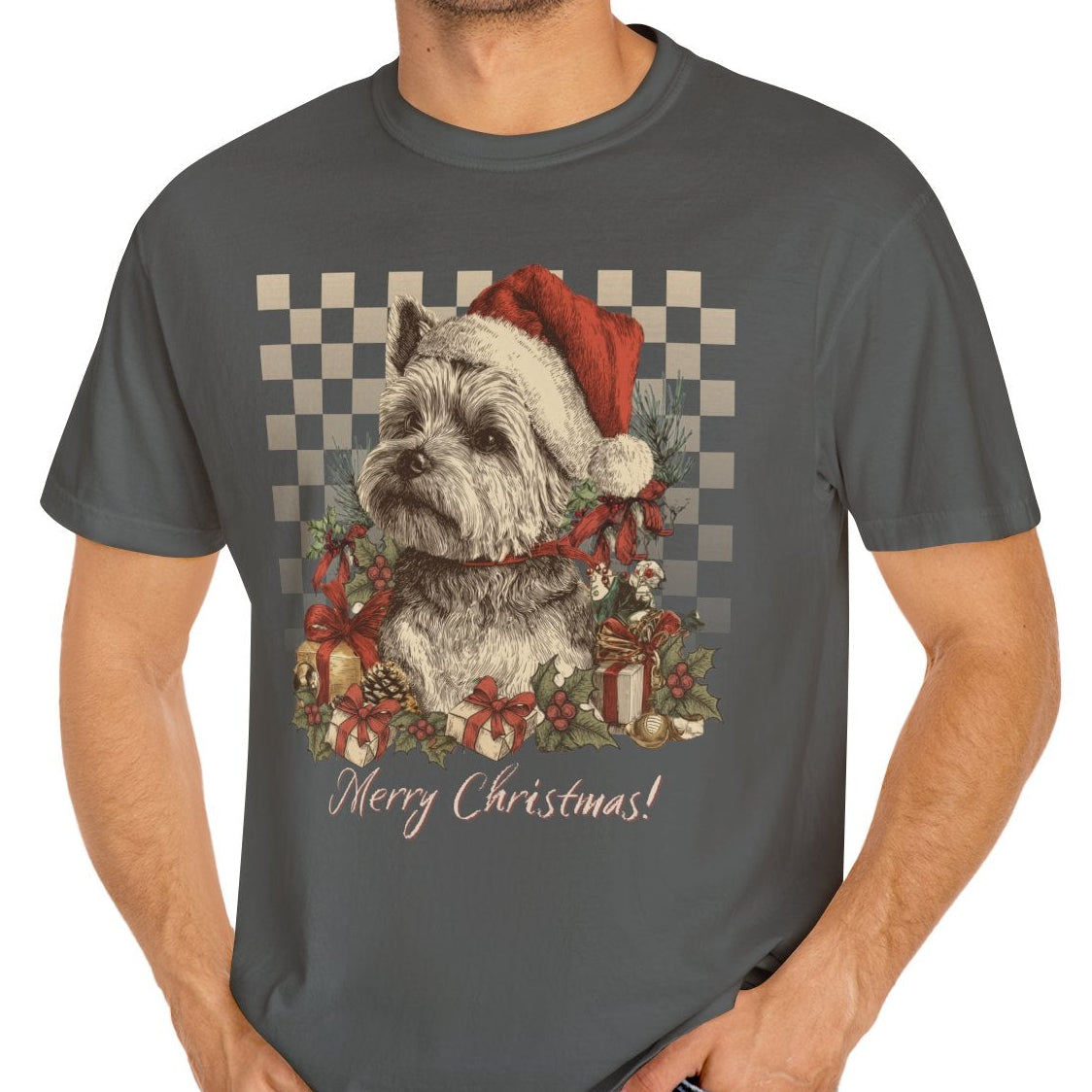 Man wearing a gray t-shirt with a Christmas-themed graphic of a dog and text.