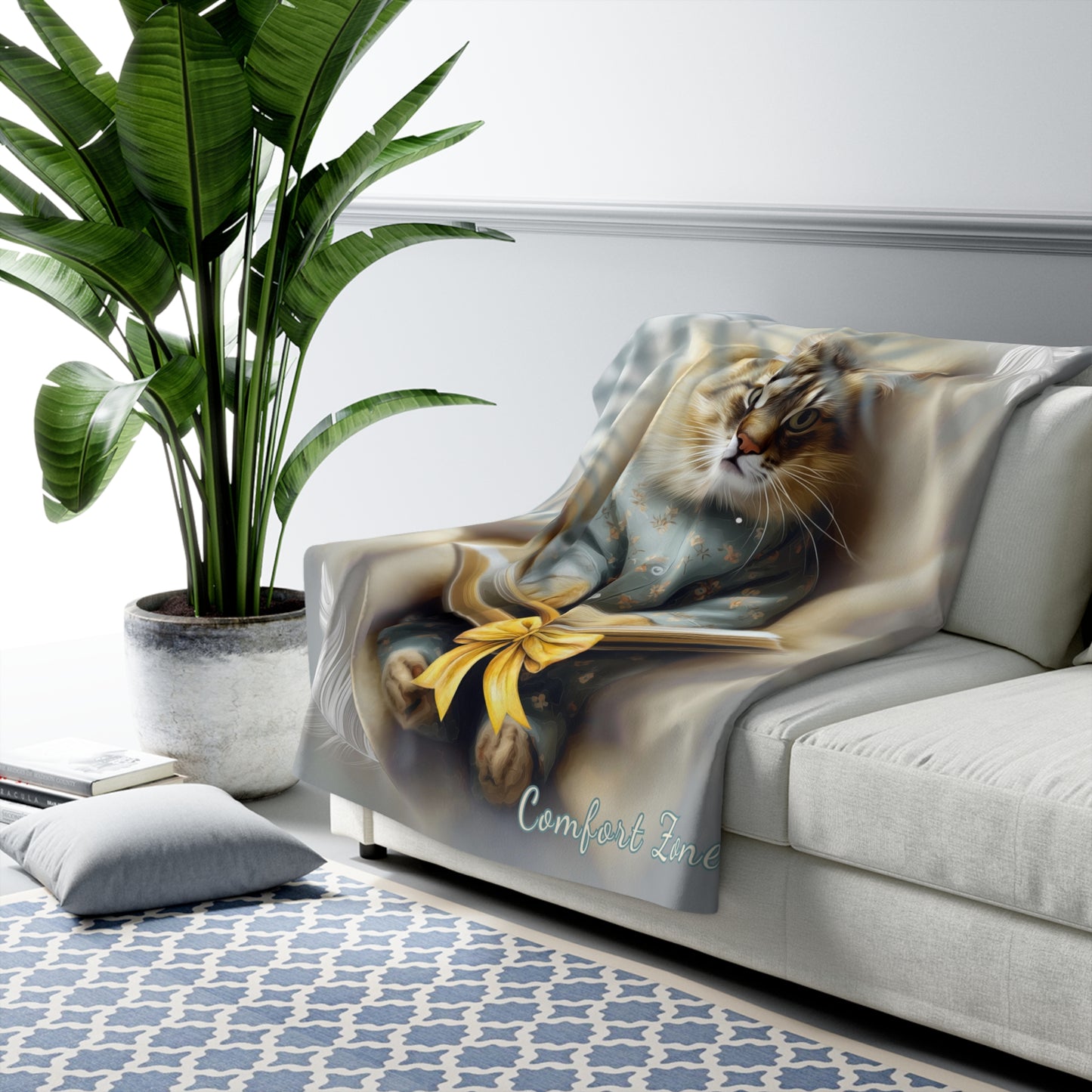 Cozy Cat Reading Sherpa Blanket — "Comfort Zone" Plush Throw