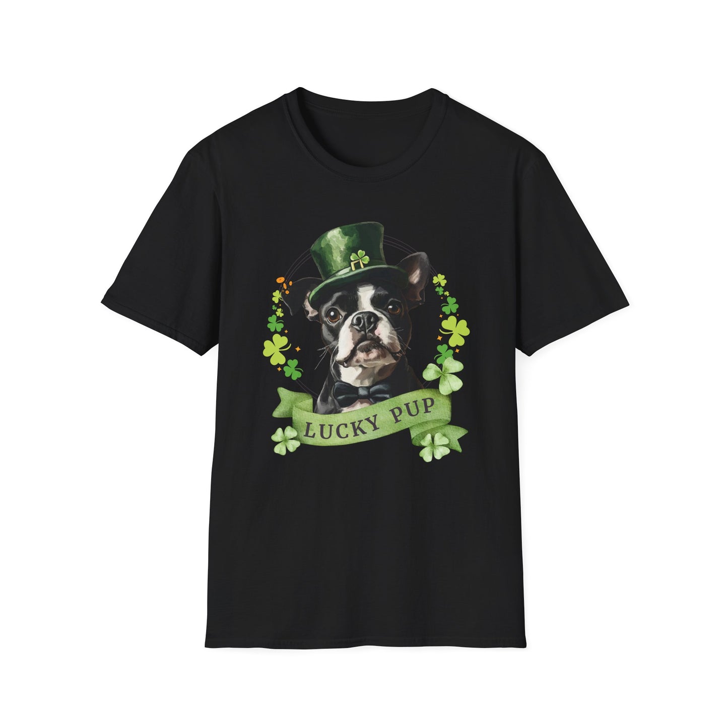 black St. Patrick’s Day t-shirt featuring a Boston Terrier with a shamrock garland and festive Irish design