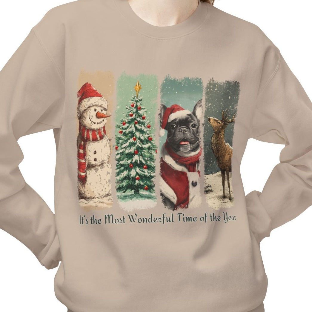 Person wearing a beige sweatshirt with Christmas-themed design on a white background