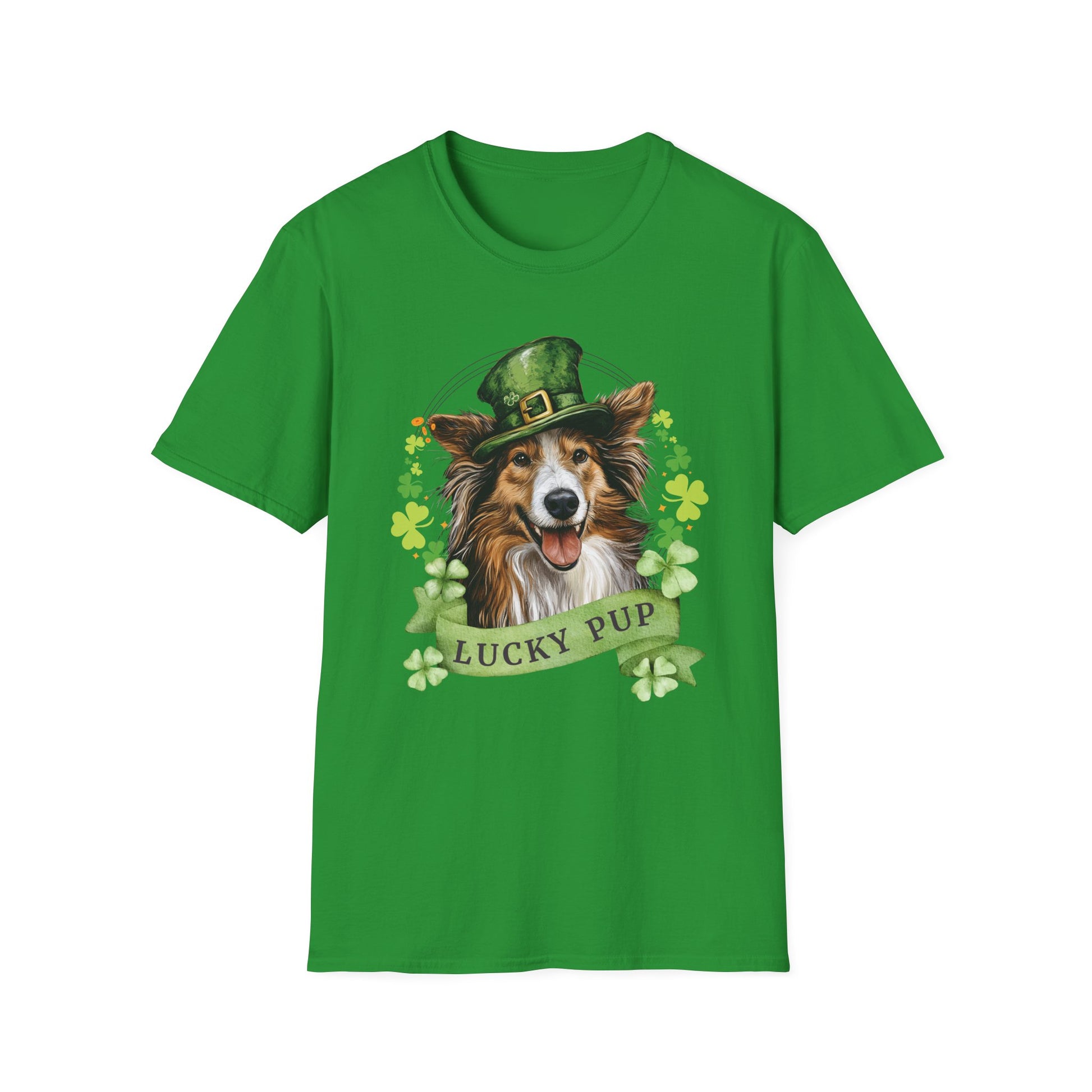 irish green St. Patrick’s Day t-shirt featuring a Shetland sheepdog dog with a shamrock garland and festive Irish design