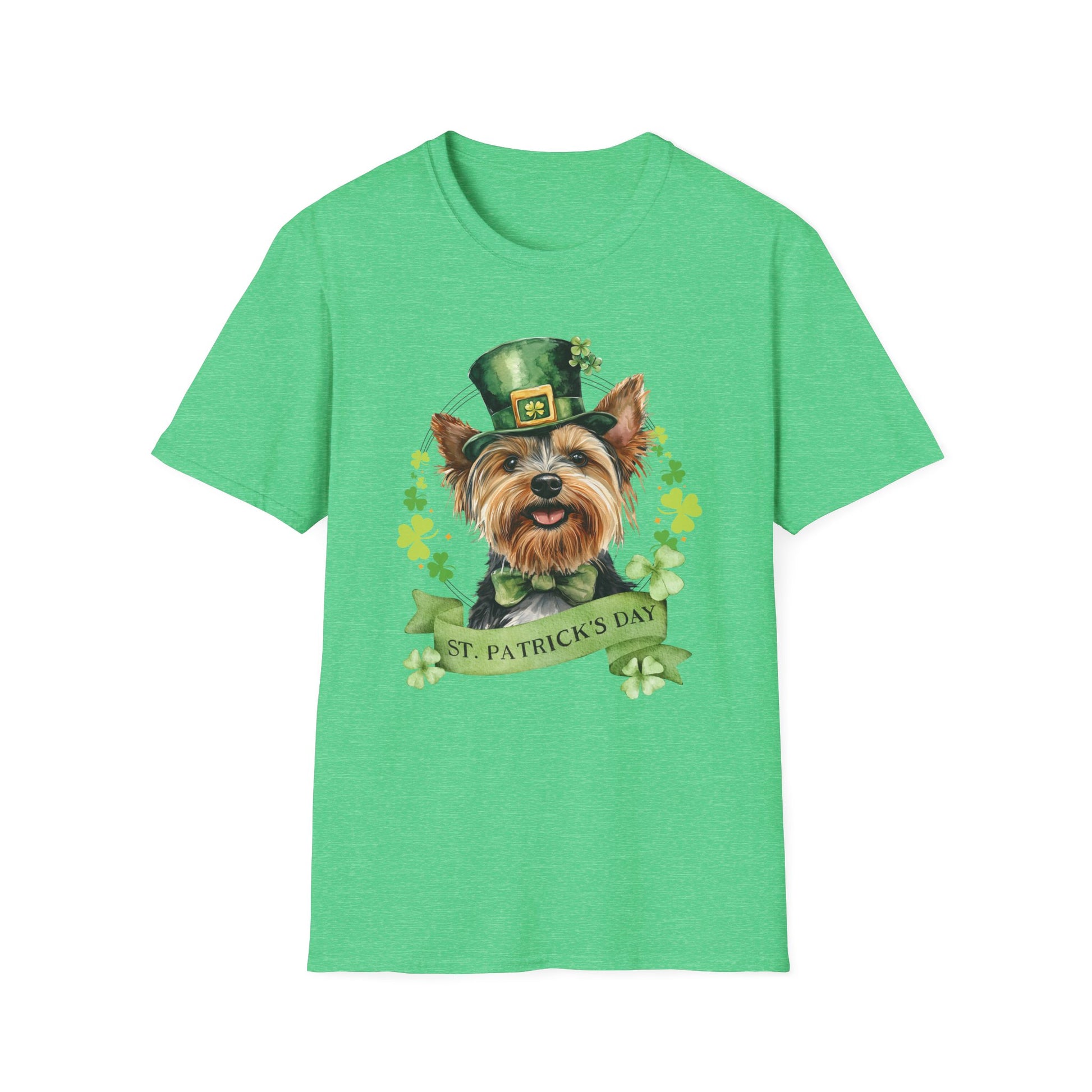 St. Patrick’s Day kelly green heather t-shirt featuring a yorkshire terrier dog with a shamrock garland and festive Irish design