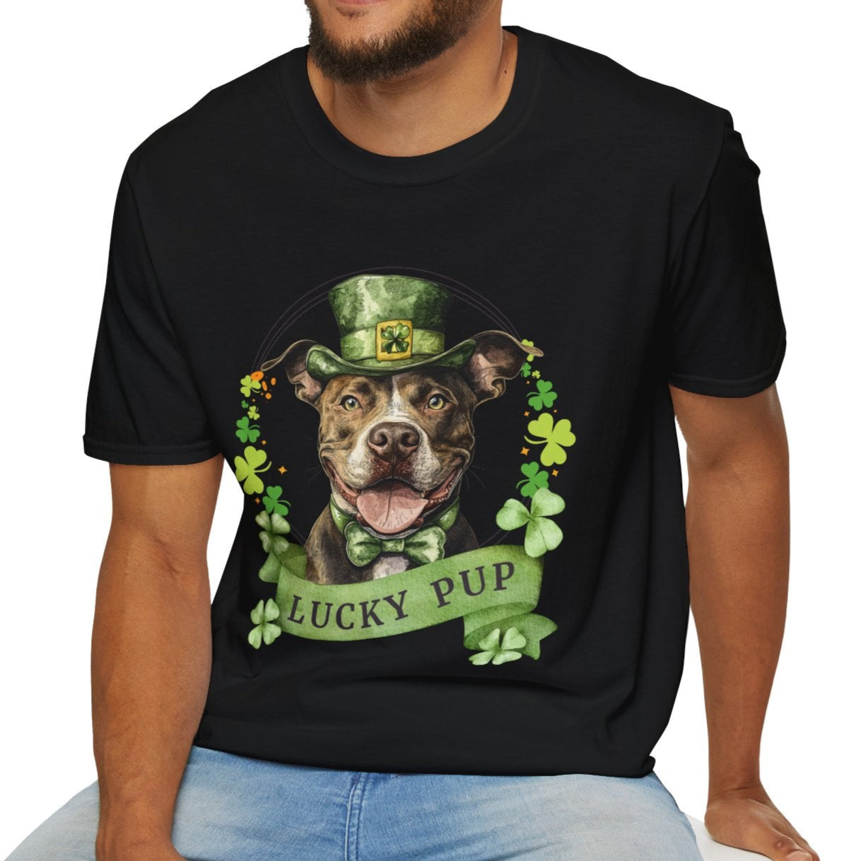 Person wearing a St. Patrick’s Day Pit Bull dog t-shirt with a lucky shamrock print, black