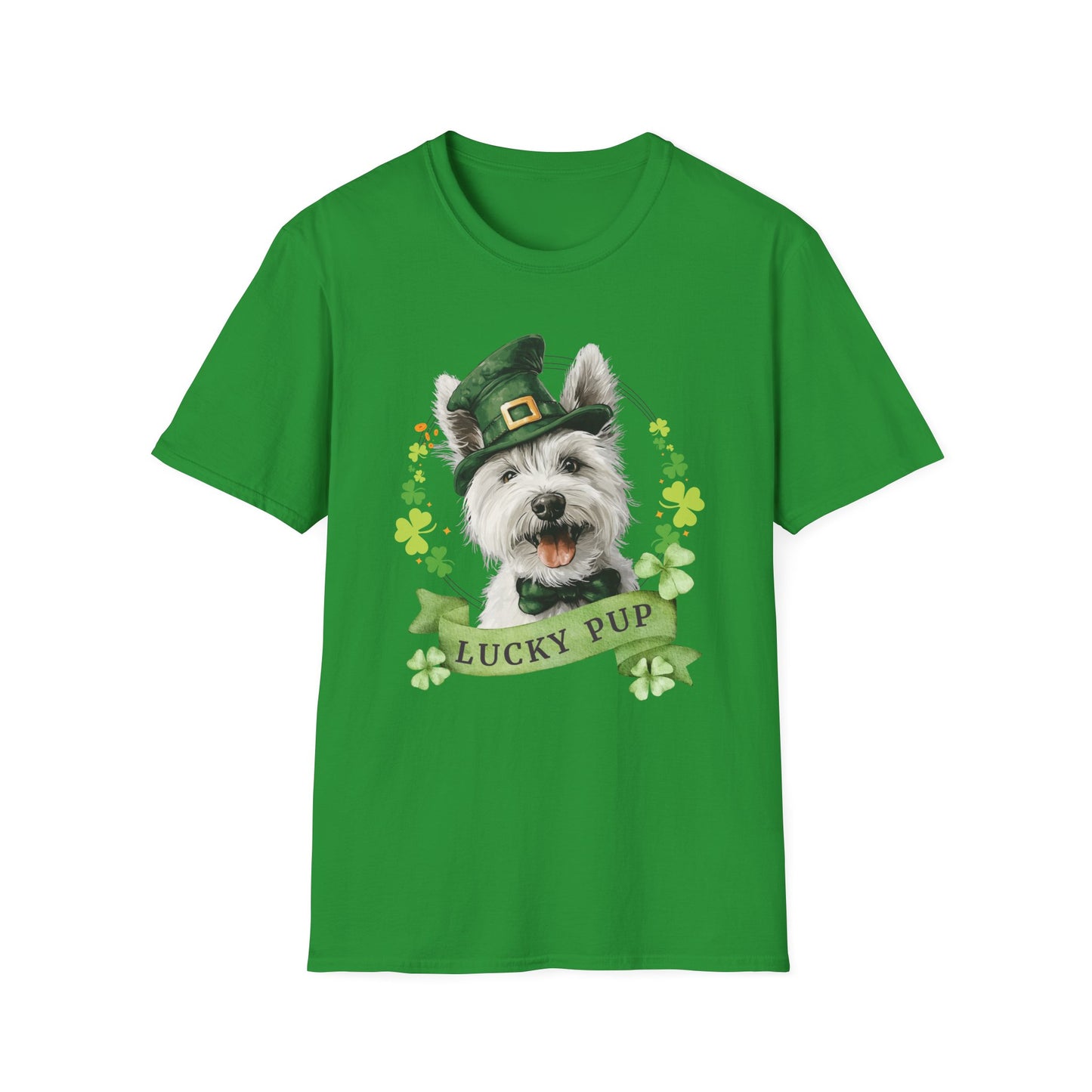 St. Patrick’s Day t-shirt featuring  west highland white terrier dog with a shamrock garland and festive Irish design, irish green