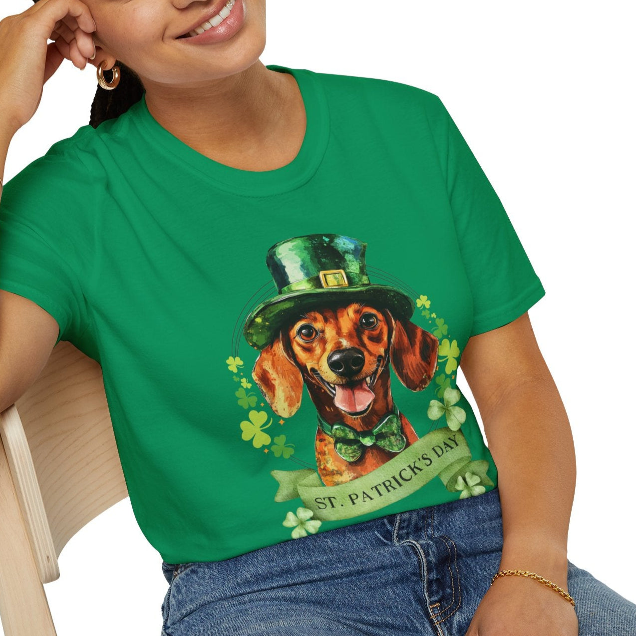 St. Patrick’s Day t-shirt featuring a Dachshund dog with a shamrock garland and festive Irish design