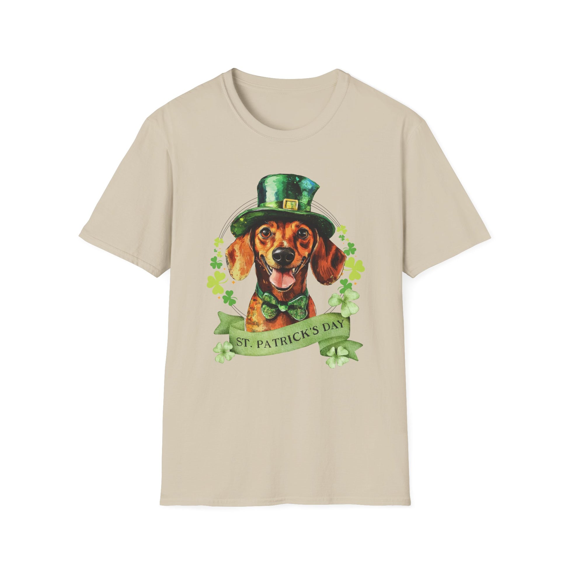 St. Patrick’s Day t-shirt featuring a Dachshund dog with a shamrock garland and festive Irish design