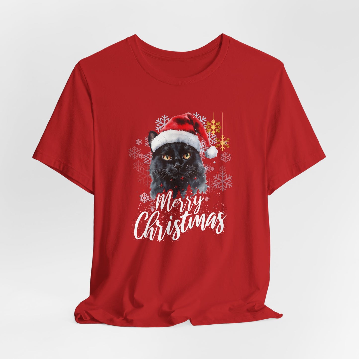 Black Fluffy Christmas Cat Unisex Holiday Jersey T-Shirt