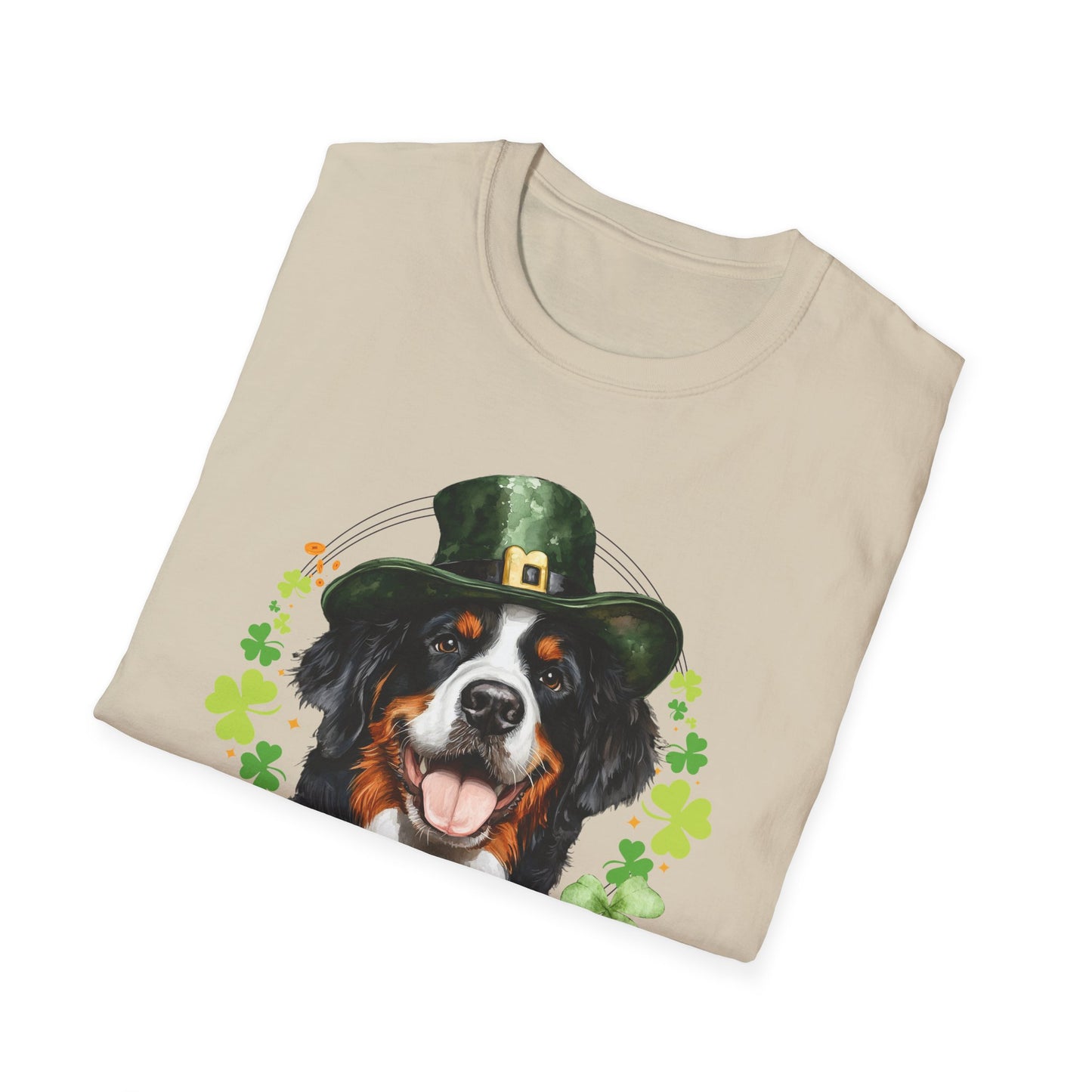 St. Patrick’s Day t-shirt featuring a bernese mountain dog with a shamrock garland and festive Irish design