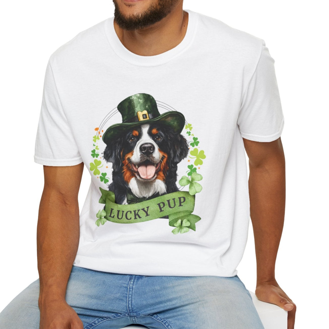 St. Patrick’s Day t-shirt featuring a Bernese Mountaine dog with a shamrock garland and festive Irish design