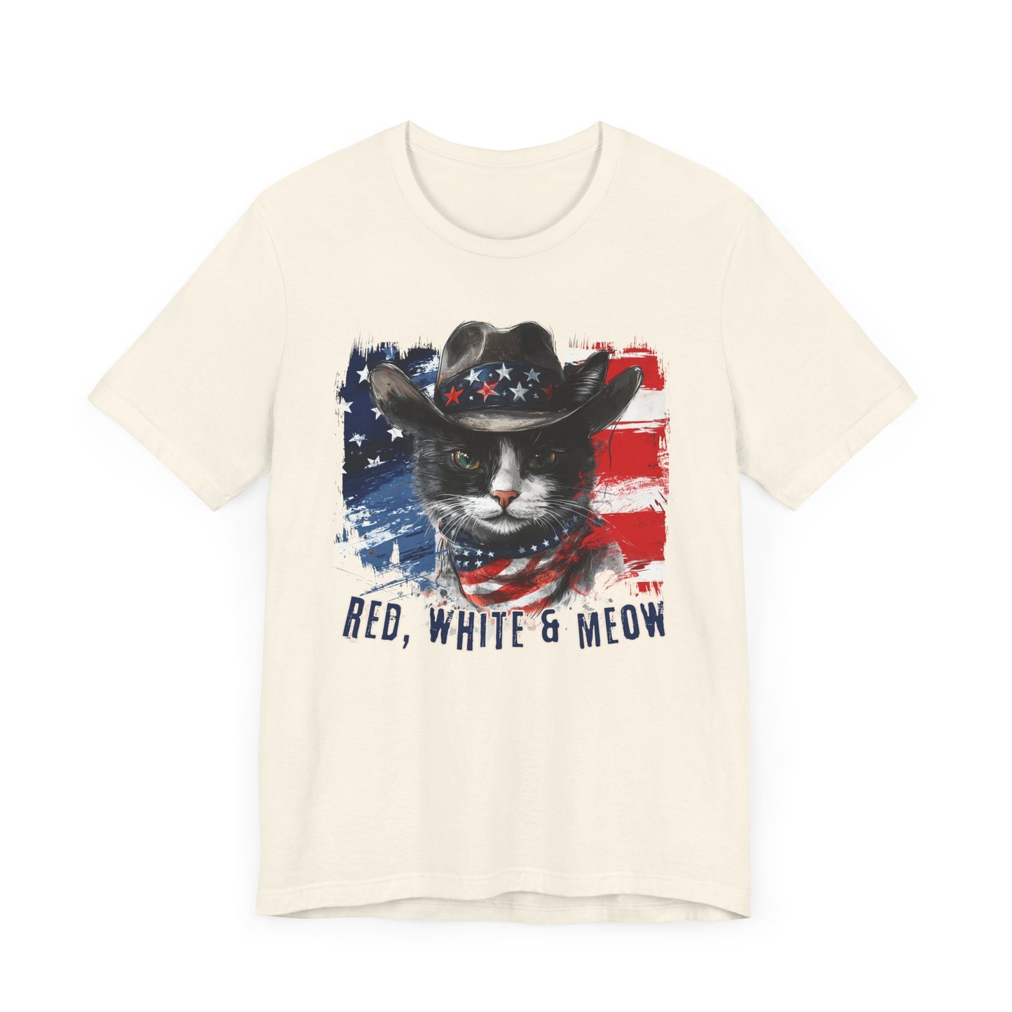 Black and White Cat  Patriotic T-Shirt "Red, White & Meow" - Cat-Themed Patriotic Design