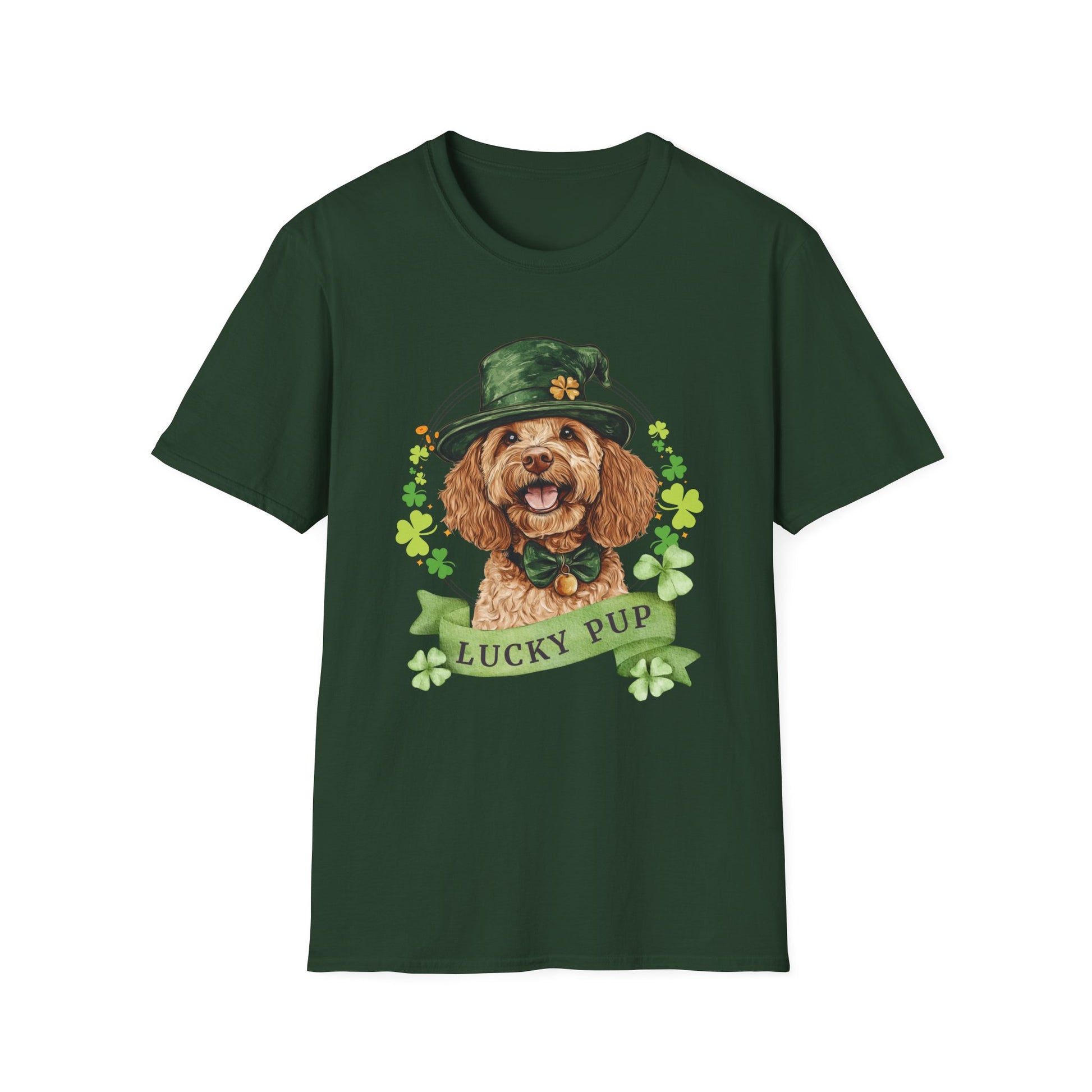 St. Patrick’s Day t-shirt featuring a Cockapoo dog with a shamrock garland and festive Irish design