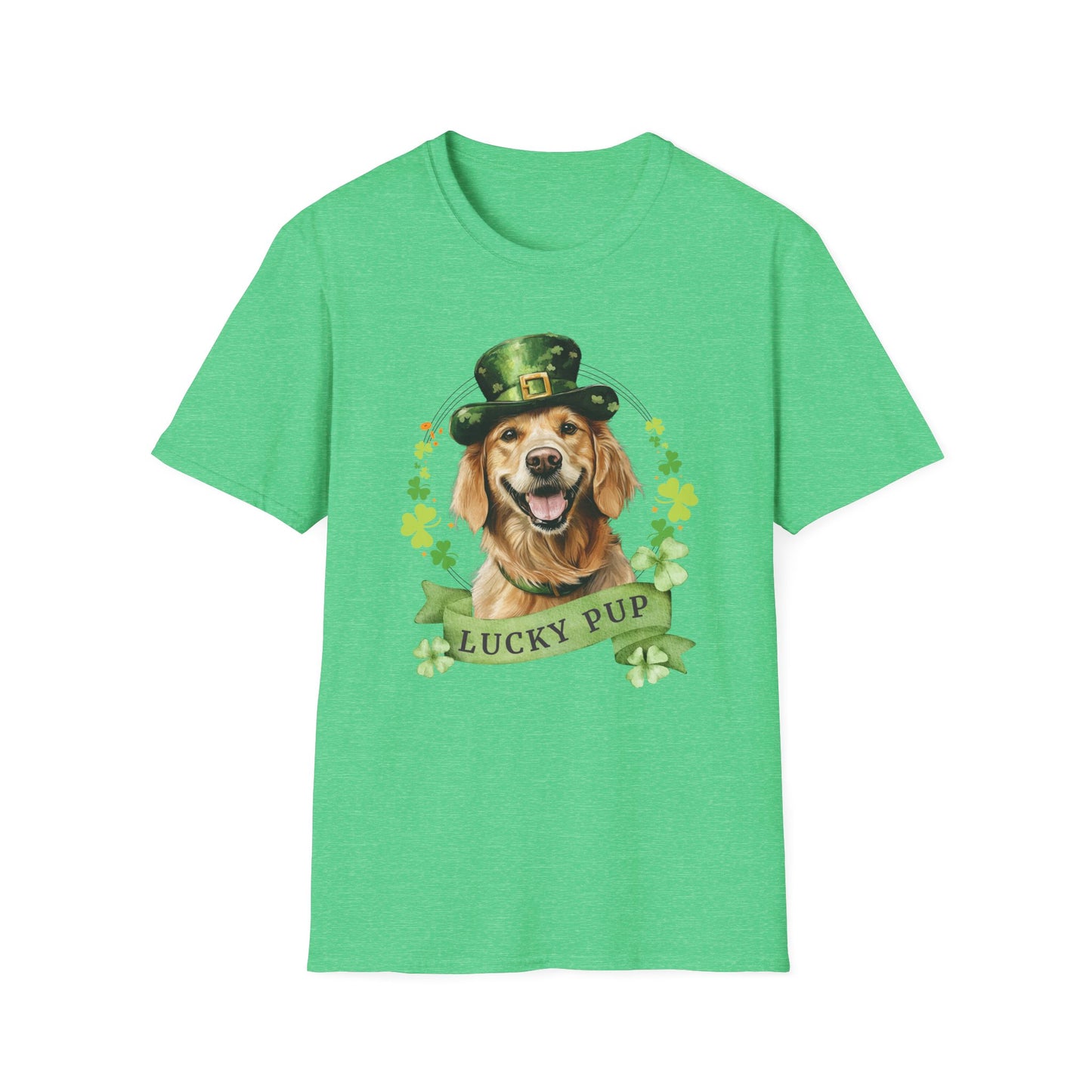 St. Patrick’s Day kelly green heather t-shirt featuring a golden retriever dog with a shamrock garland and festive Irish designan 