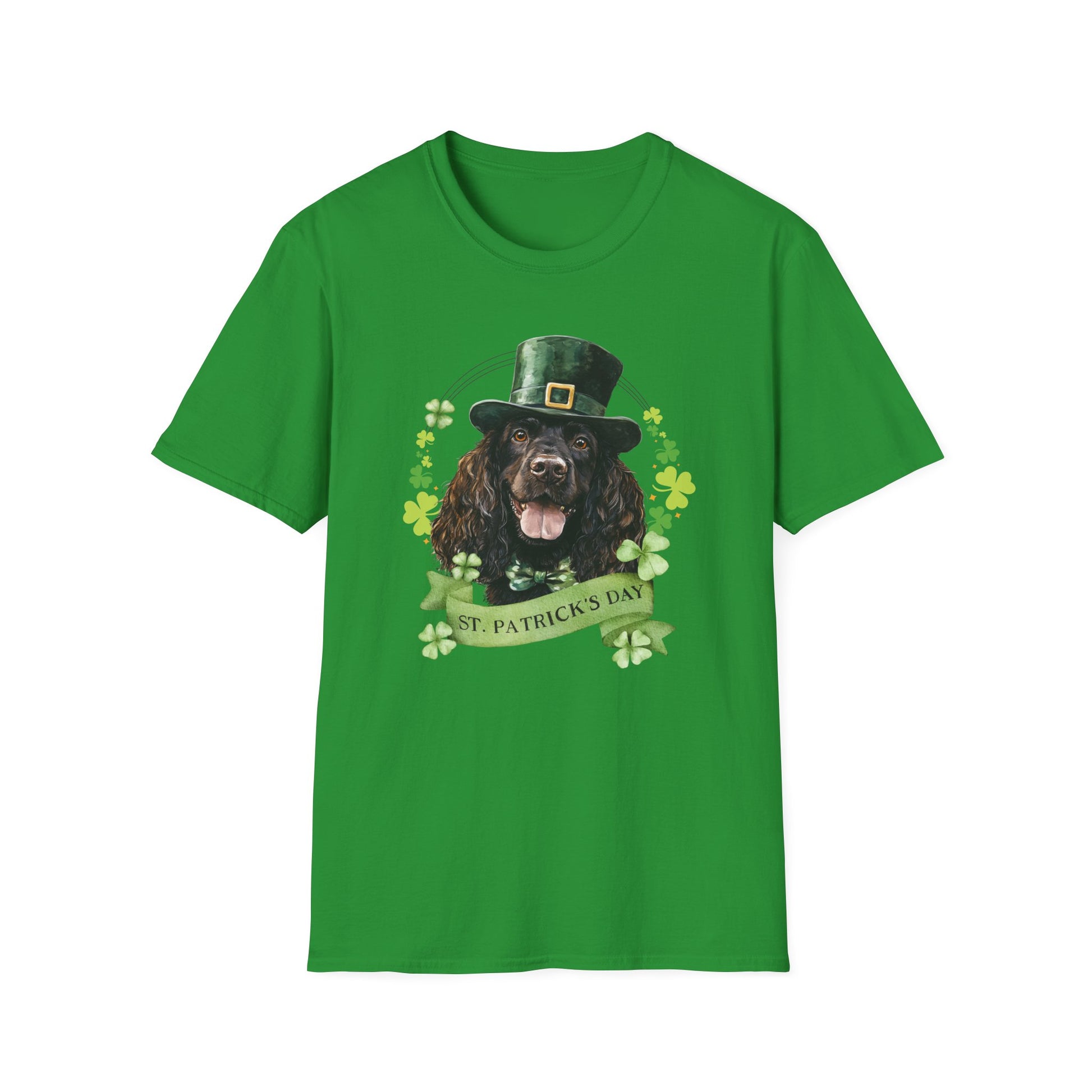 St. Patrick’s Day t-shirt featuring an Irish Water Spaniel with a shamrock garland and festive Irish design