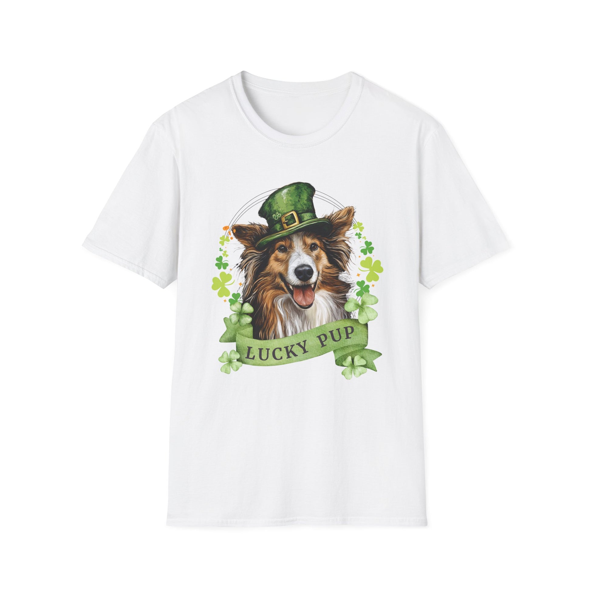 white St. Patrick’s Day t-shirt featuring a Shetland sheepdog dog with a shamrock garland and festive Irish design