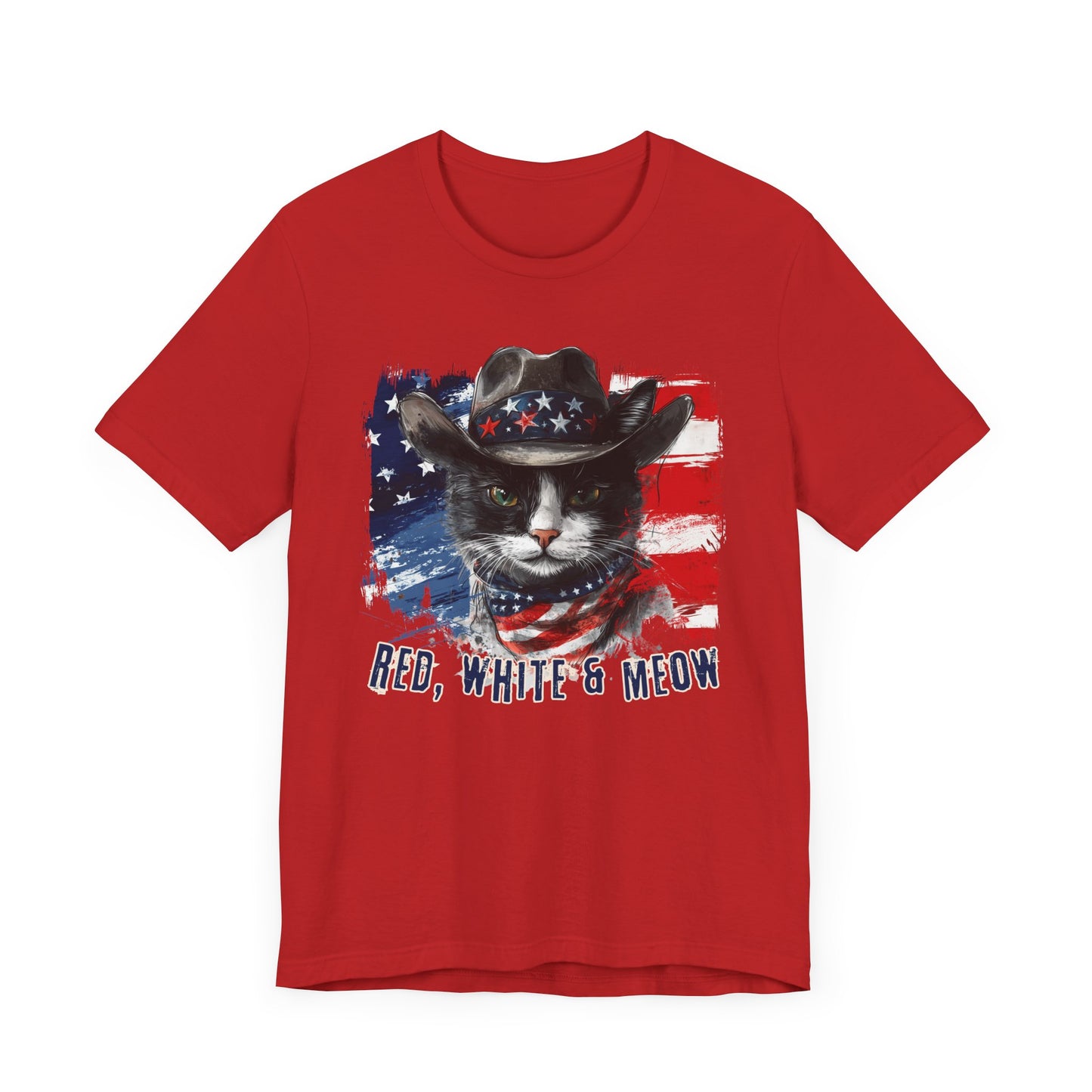 Black and White Cat  Patriotic T-Shirt "Red, White & Meow" - Cat-Themed Patriotic Design