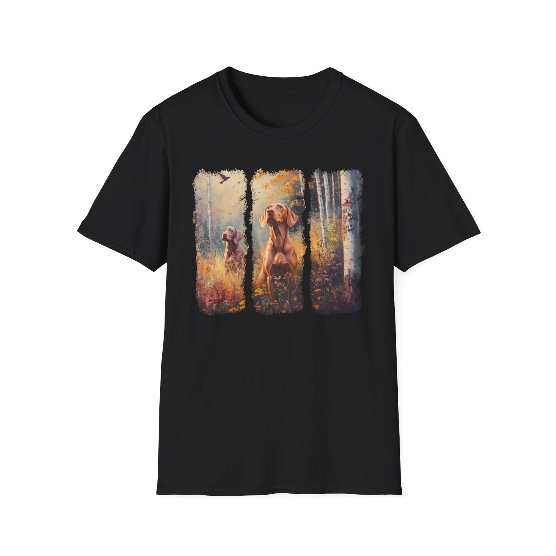 Vizsla hunting t-shirt featuring  sporting dogs in an autumn field, black