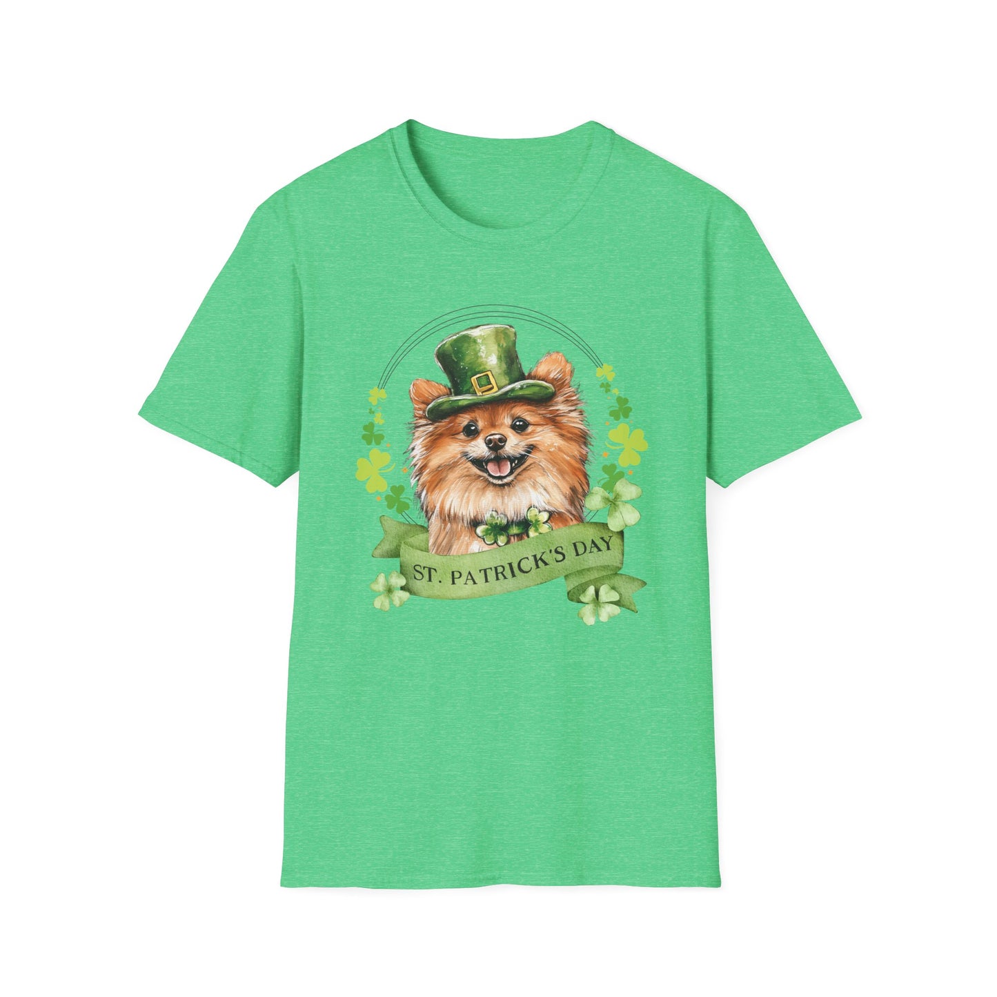 St. Patrick’s Day heather kelly green t-shirt featuring a Pomeranian dog with a shamrock garland and festive Irish design