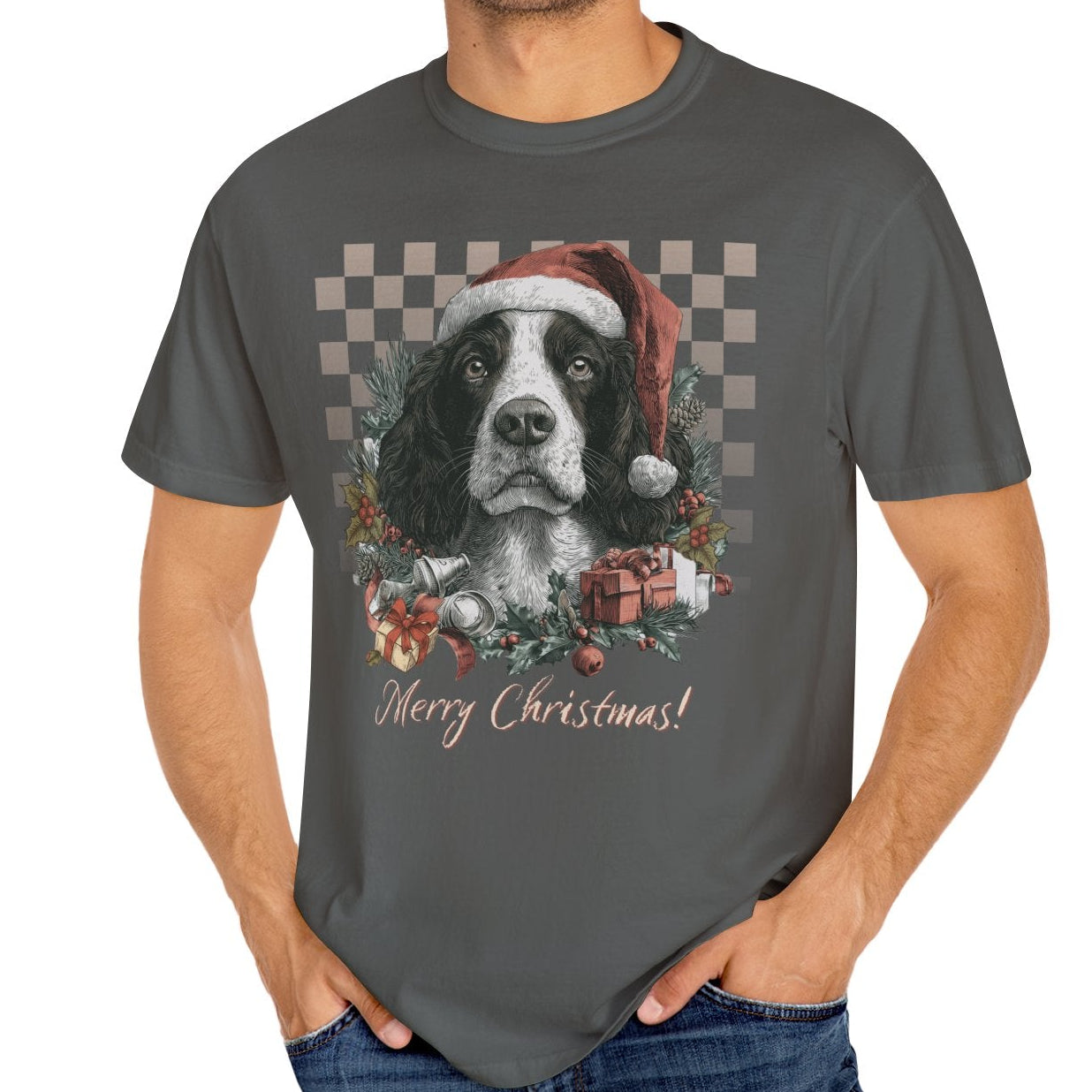 Springer Spaniel Vintage Checkered Christmas Tee