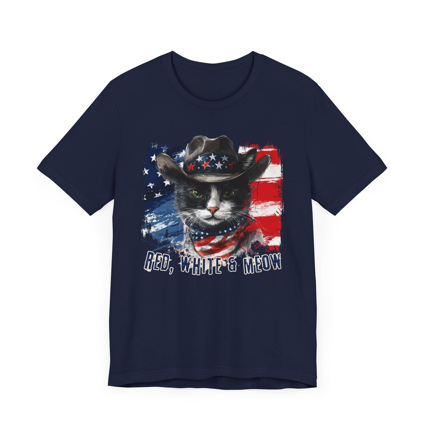 Black and White Cat  Patriotic T-Shirt "Red, White & Meow" - Cat-Themed Patriotic Design