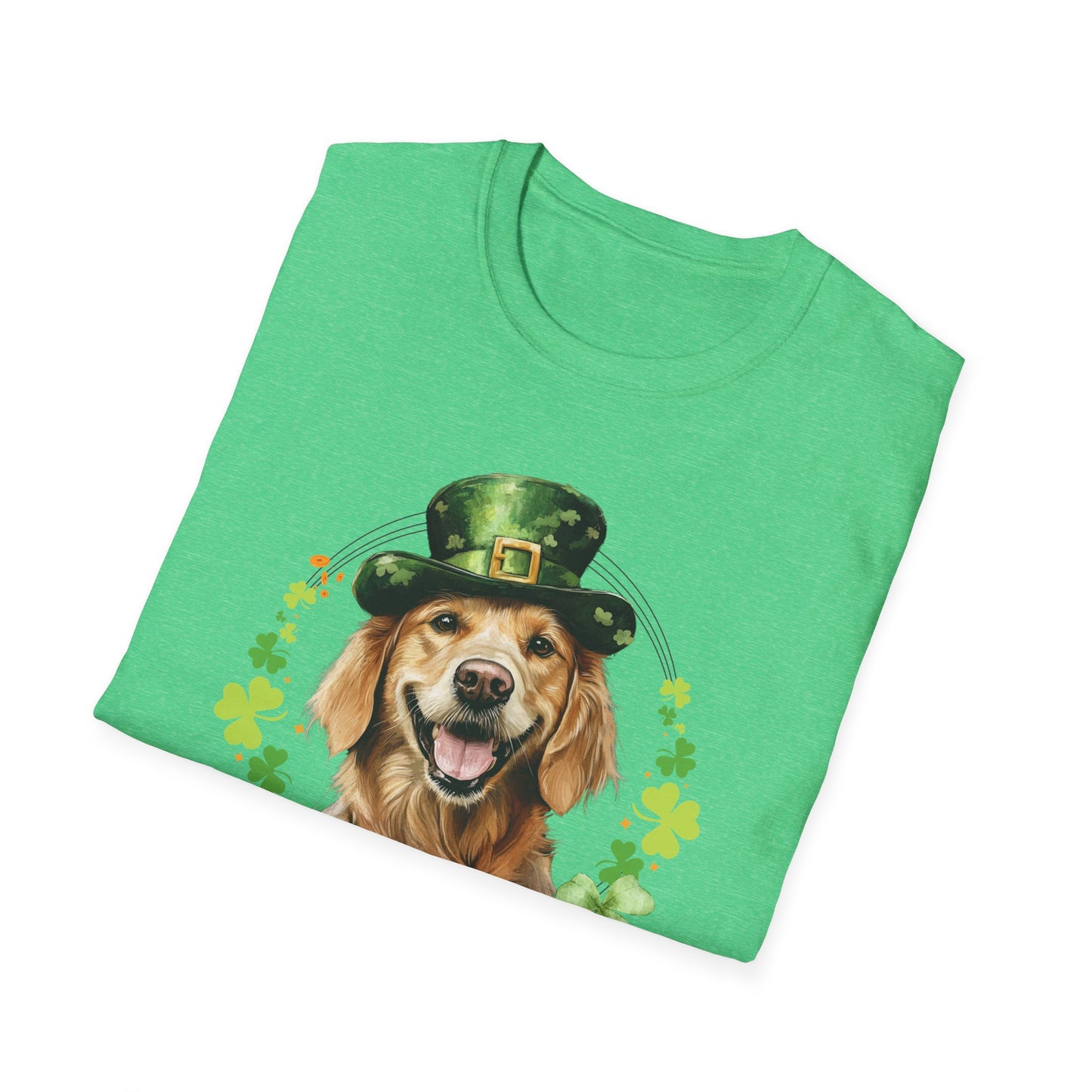 folded St. Patrick’s Day t-shirt featuring a golden retriever dog with a shamrock garland and festive Irish designan 