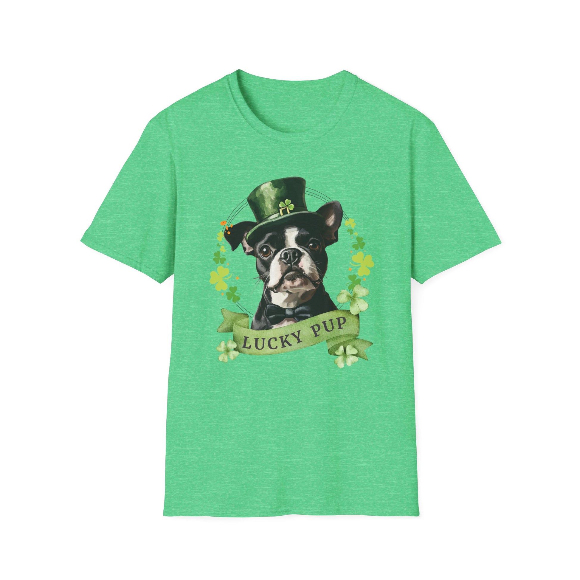 Heather kelly green St. Patrick’s Day t-shirt featuring a Boston Terrier with a shamrock garland and festive Irish design