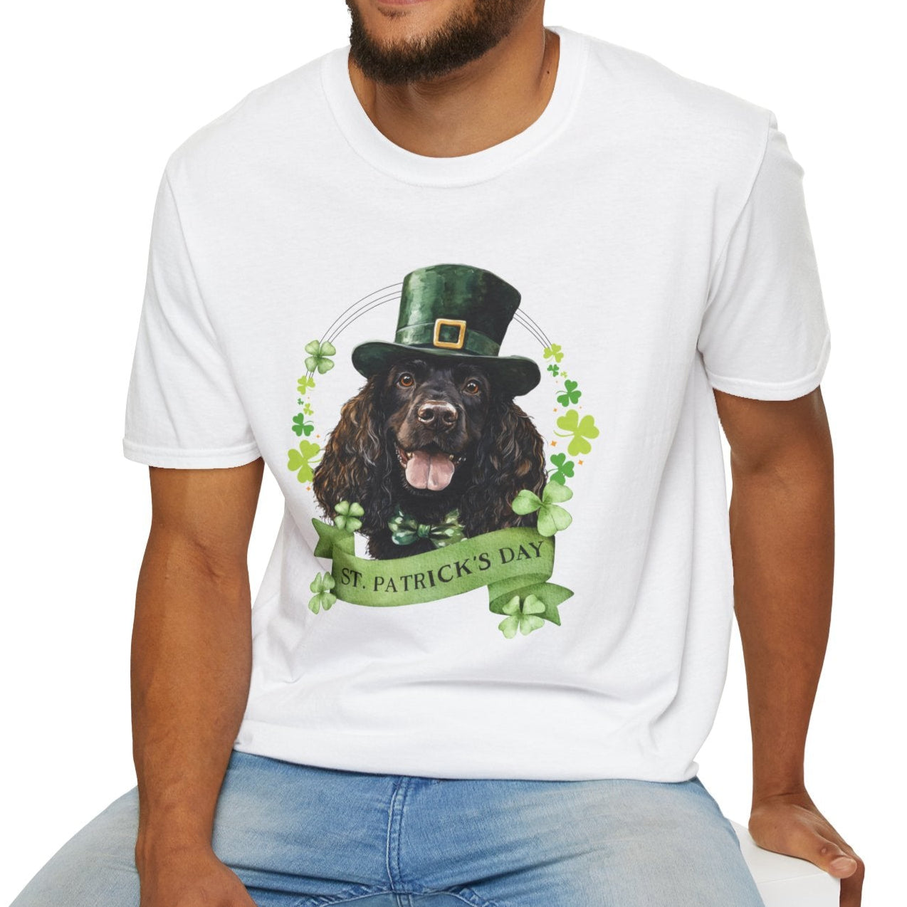 St. Patrick’s Day white t-shirt featuring an Irish Water Spaniel with a shamrock garland and festive Irish design