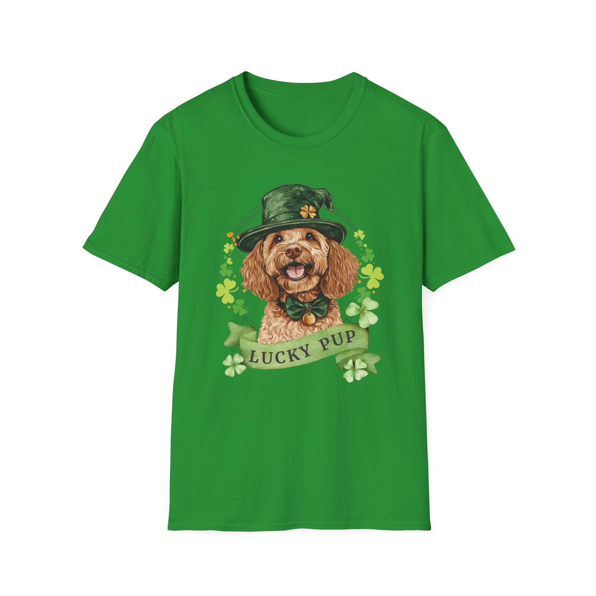 St. Patrick’s Day irish green t-shirt featuring a Cockapoo dog with a shamrock garland and festive Irish design