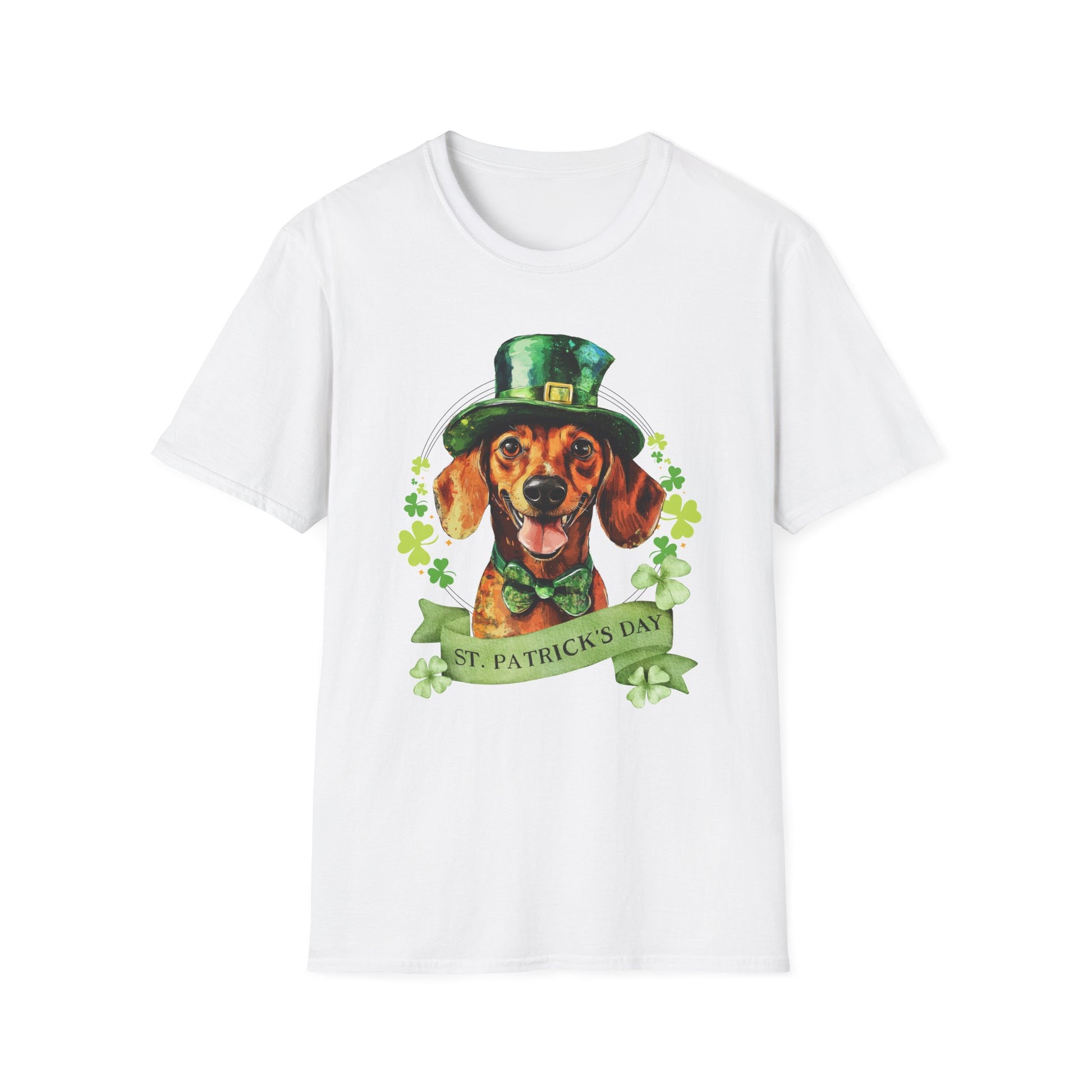 St. Patrick’s Day t-shirt featuring a Dachshund dog with a shamrock garland and festive Irish design