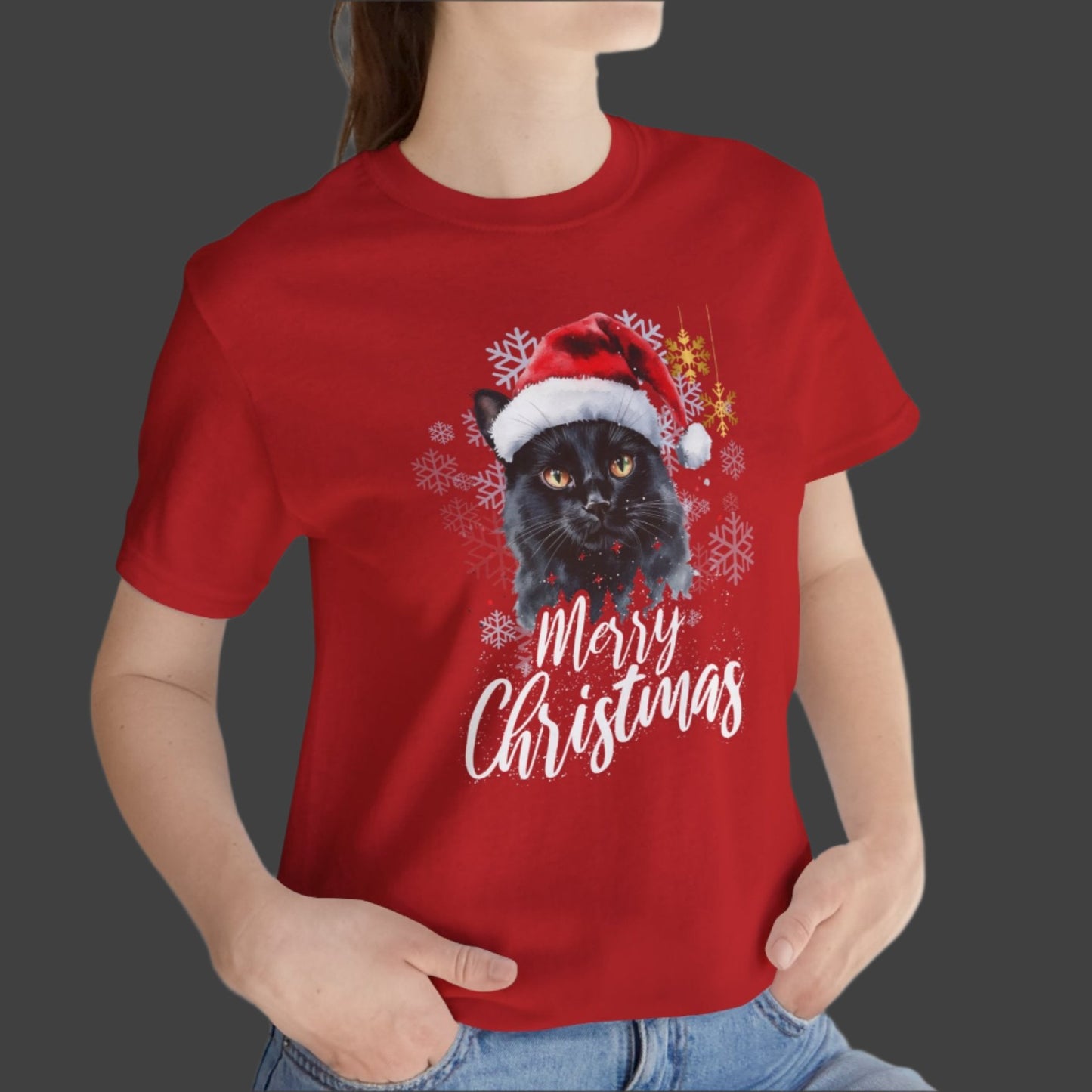 Black Fluffy Christmas Cat Unisex Holiday Jersey T-Shirt