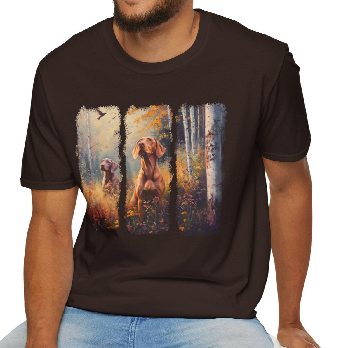 Vizsla hunting t-shirt featuring  sporting dogs in an autumn field, dark chocolate color