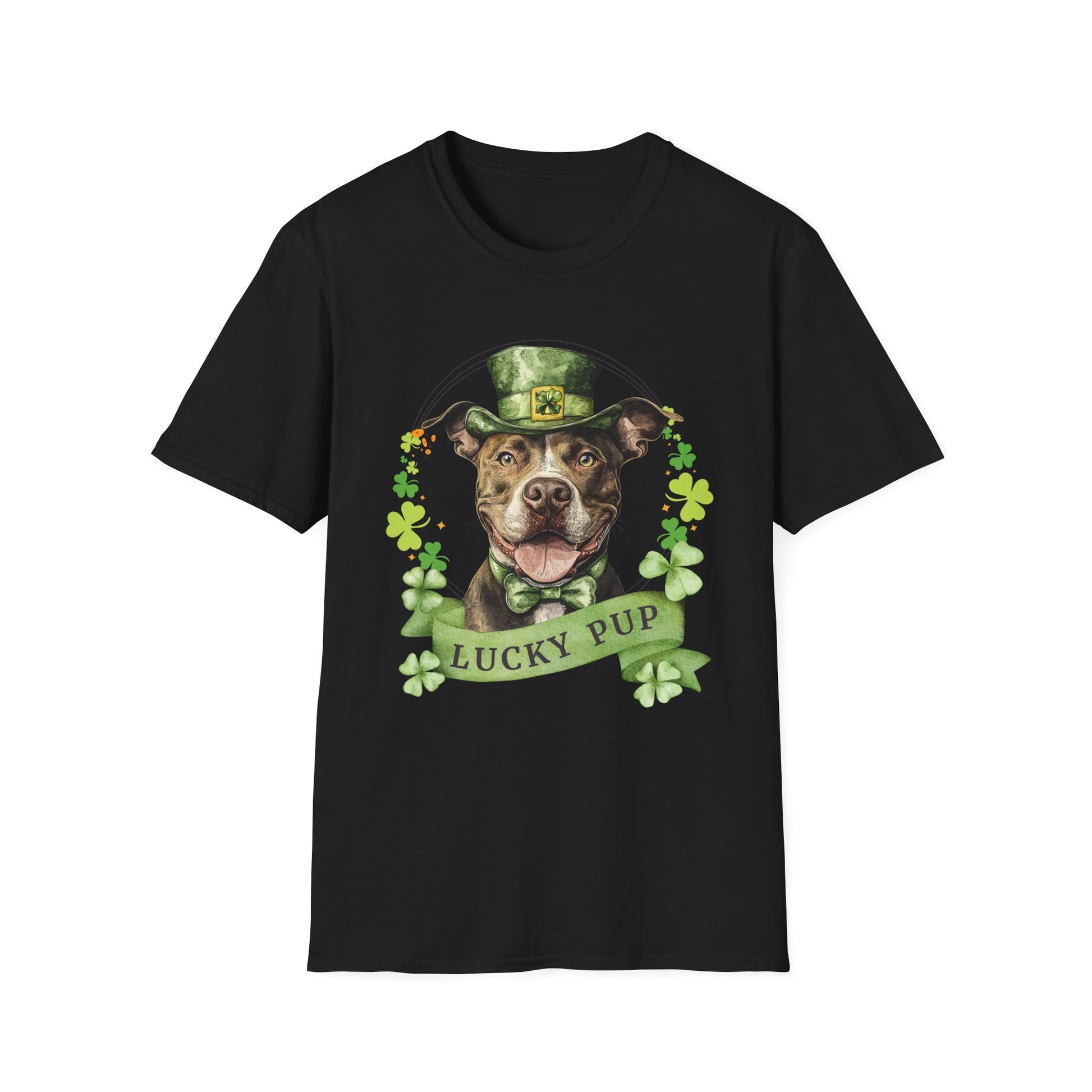 Black cotton St. Patrick’s Day tee for dog moms and dads, featuring a Pit Bull dog design