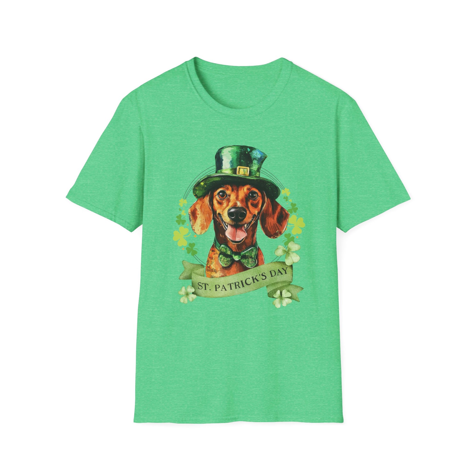 St. Patrick’s Day kelly green heather t-shirt featuring a Dachshund dog with a shamrock garland and festive Irish design