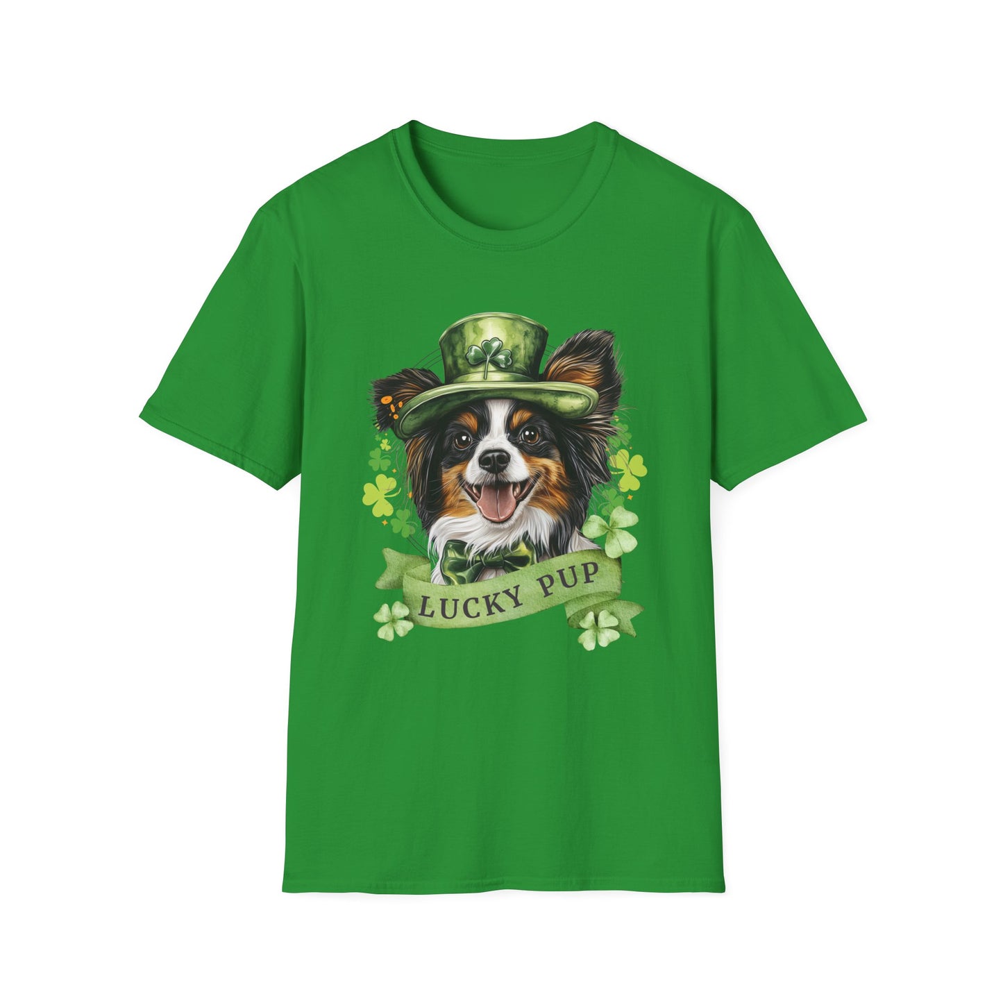 St. Patrick’s Day t-shirt featuring a Papillon dog with a shamrock garland and festive Irish design