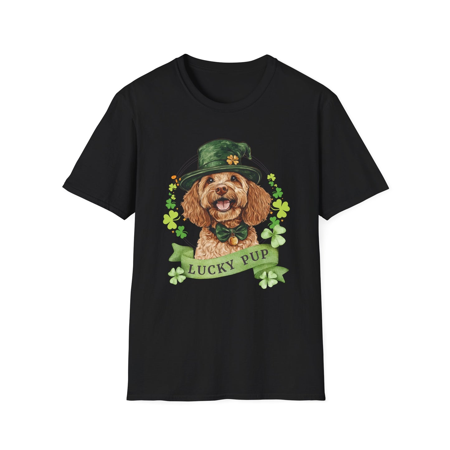 St. Patrick’s Day black t-shirt featuring a Cockapoo dog with a shamrock garland and festive Irish design