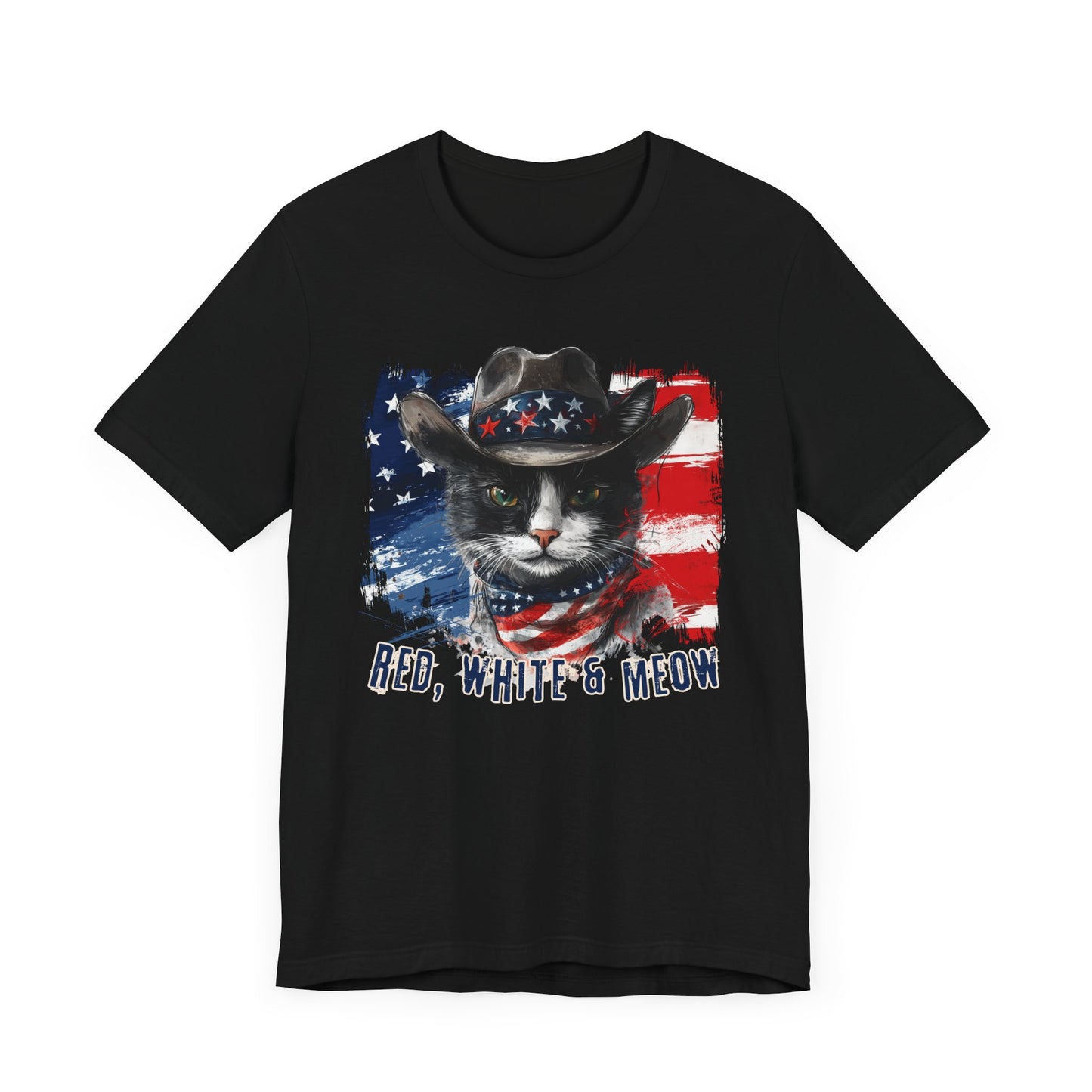Black and White Cat  Patriotic T-Shirt "Red, White & Meow" - Cat-Themed Patriotic Design
