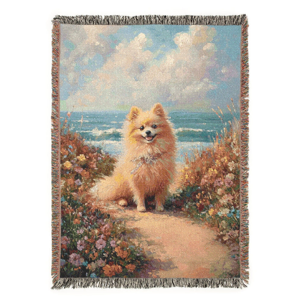 woven blanket for pet lovers featuring pomeranian on the beach