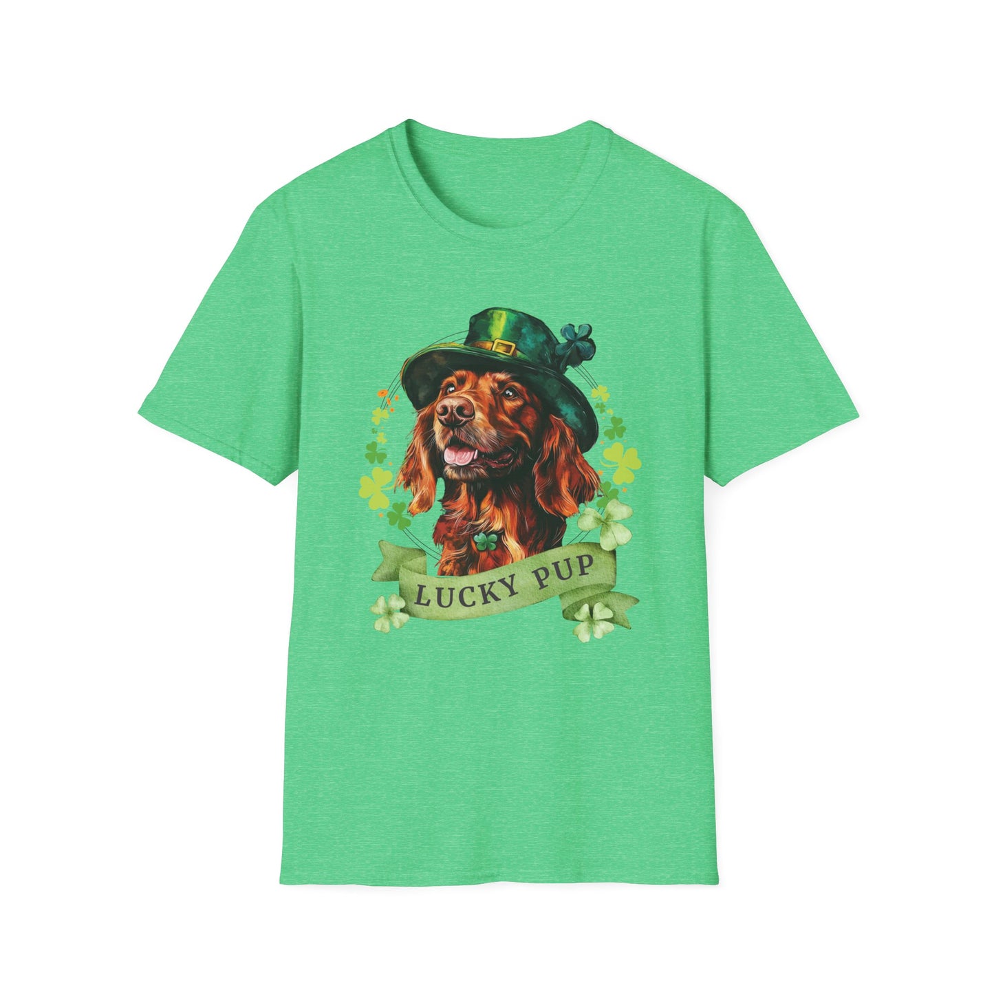 St. Patrick’s Day t-shirt featuring an Irish Setter dog with a shamrock garland and festive Irish design