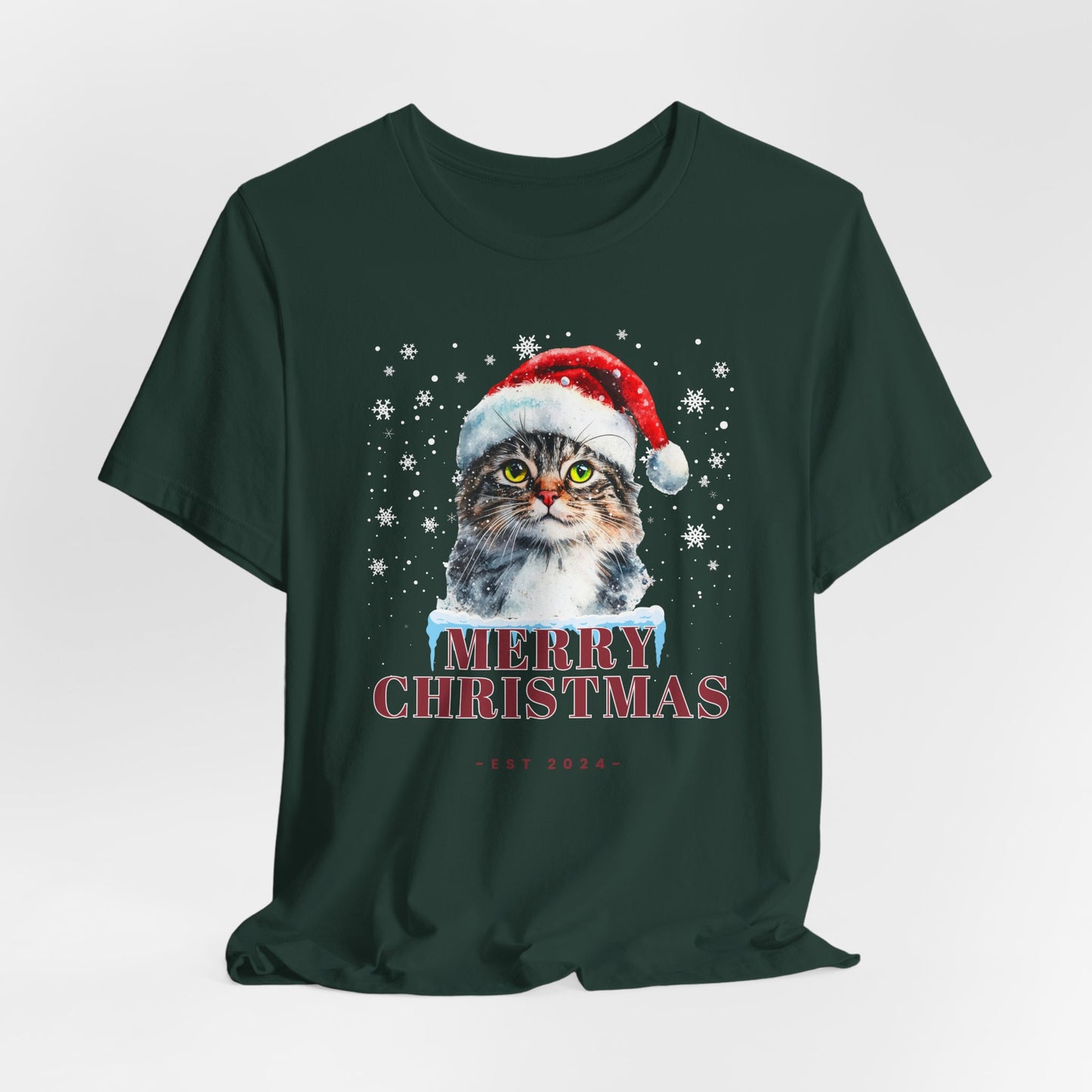 Cat in A Christmas Hat Unisex Holiday Jersey T-Shirt