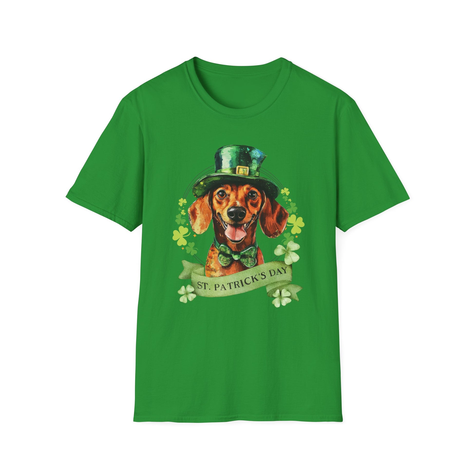 St. Patrick’s Day t-shirt featuring a Dachshund dog with a shamrock garland and festive Irish design