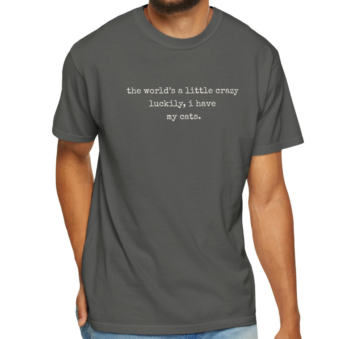 Man wearing a gray t-shirt with text on a white background